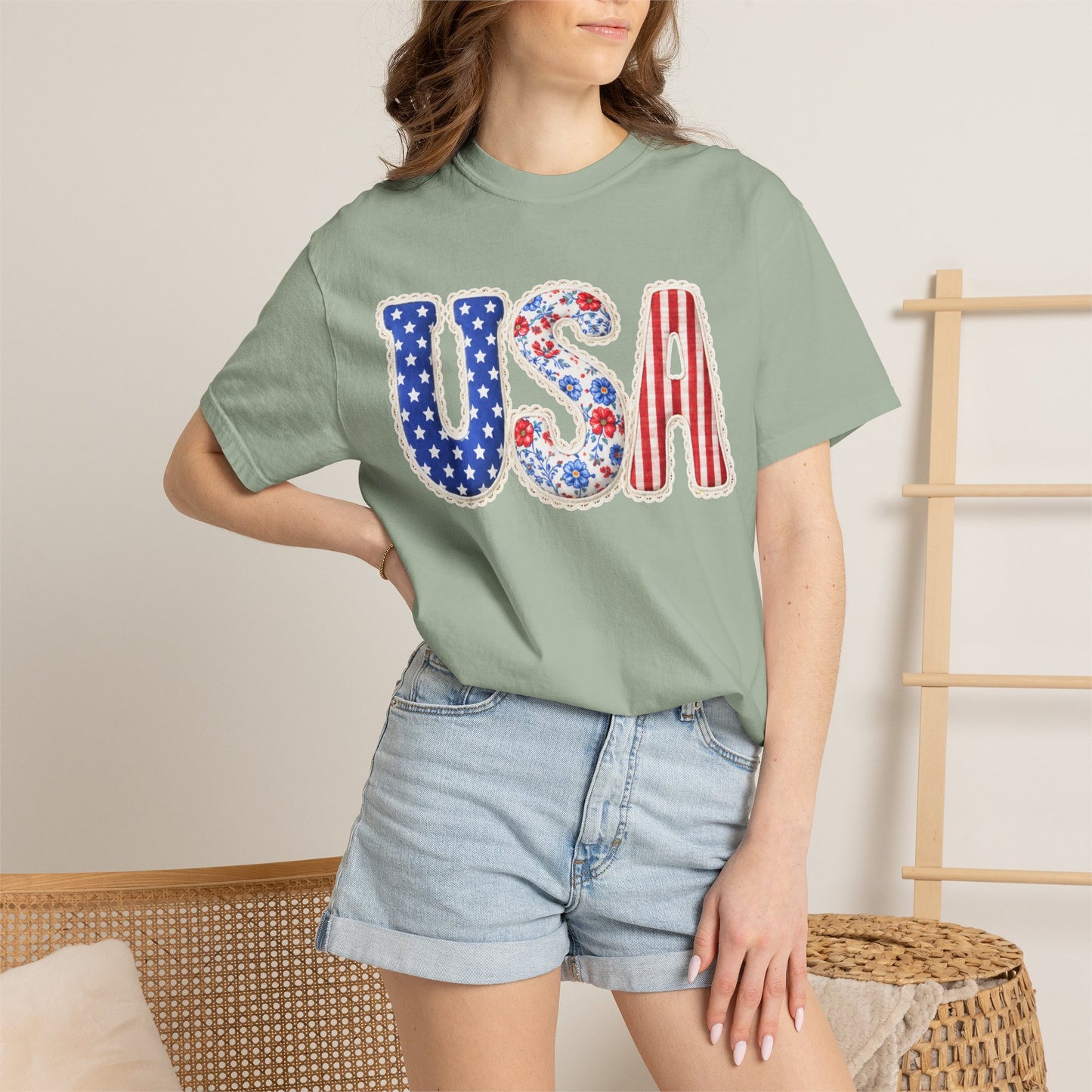 Floral Patchwork USA Shirt • Preppy Patriotic Tee • Vintage Americana Gingham Shirt • 4th of July Mom Outfit