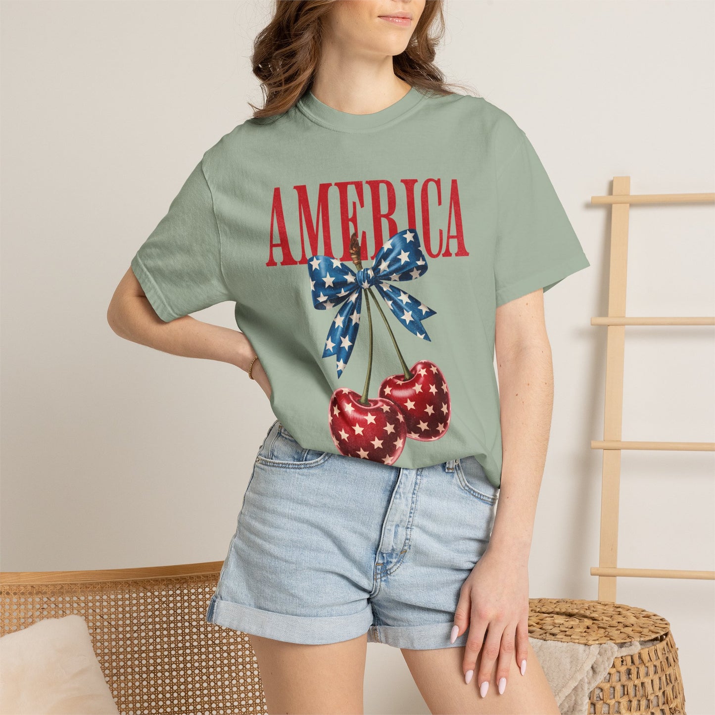 America Cherry Bow T-Shirt • 4th of July Coquette Tee • Red White Blue Graphic Shirt
