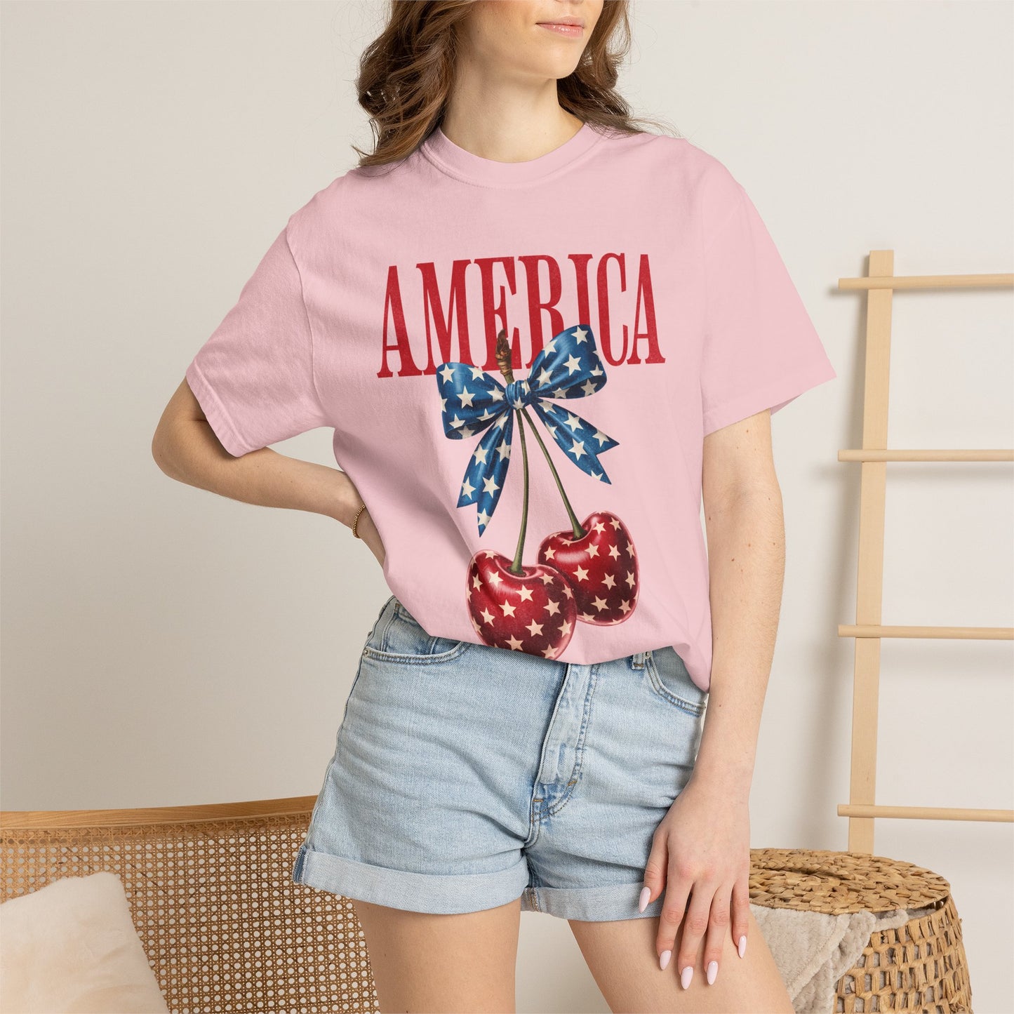 America Cherry Bow T-Shirt • 4th of July Coquette Tee • Red White Blue Graphic Shirt