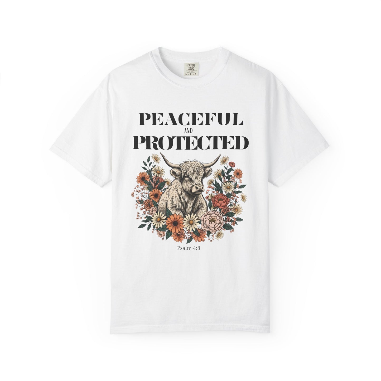 Peaceful and Protected Highland Cow Tee • Psalm 4:8 • Western Floral Faith Shirt