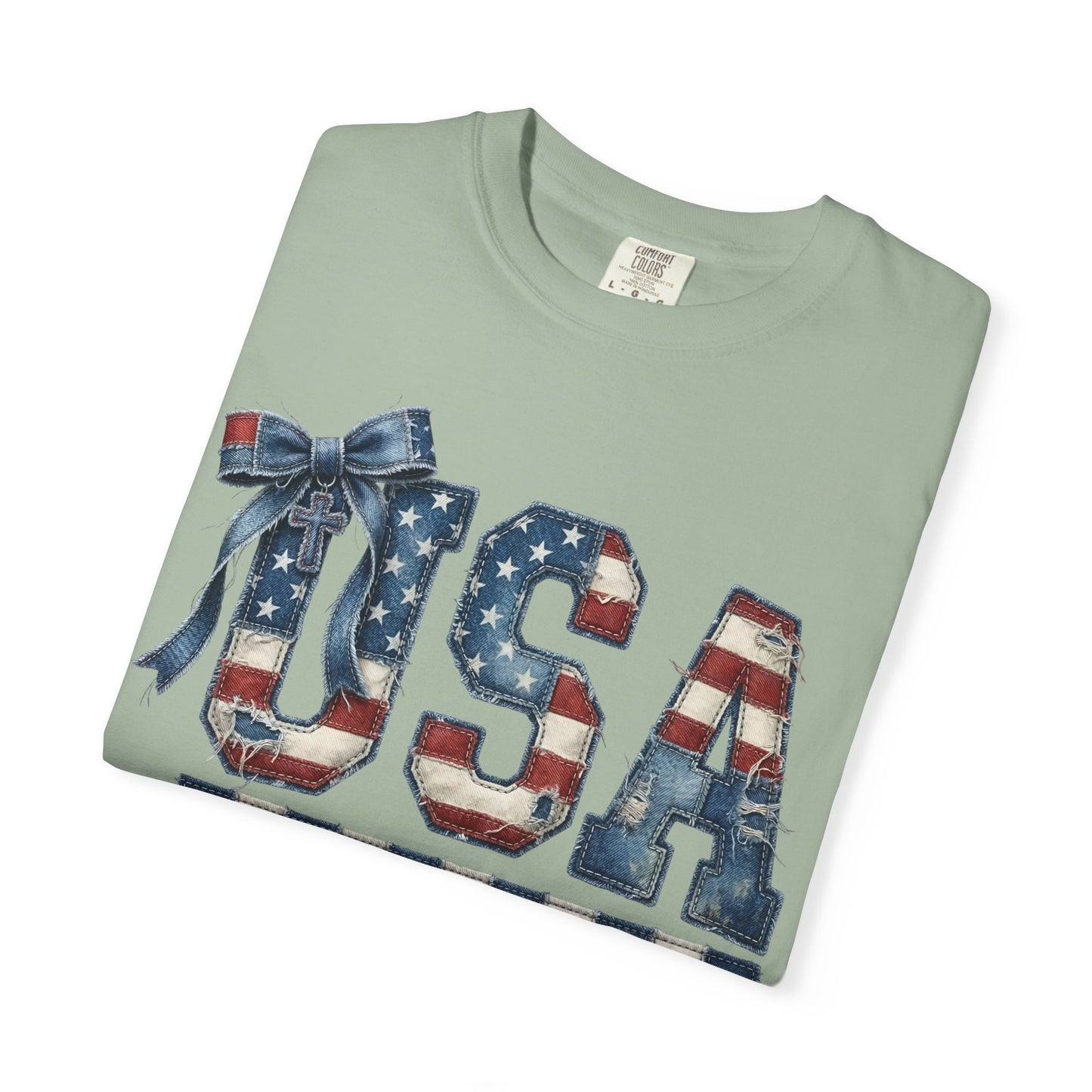 USA Patchwork Denim T-Shirt • Red White Blue Coquette Bow Tee • Americana Graphic Shirt