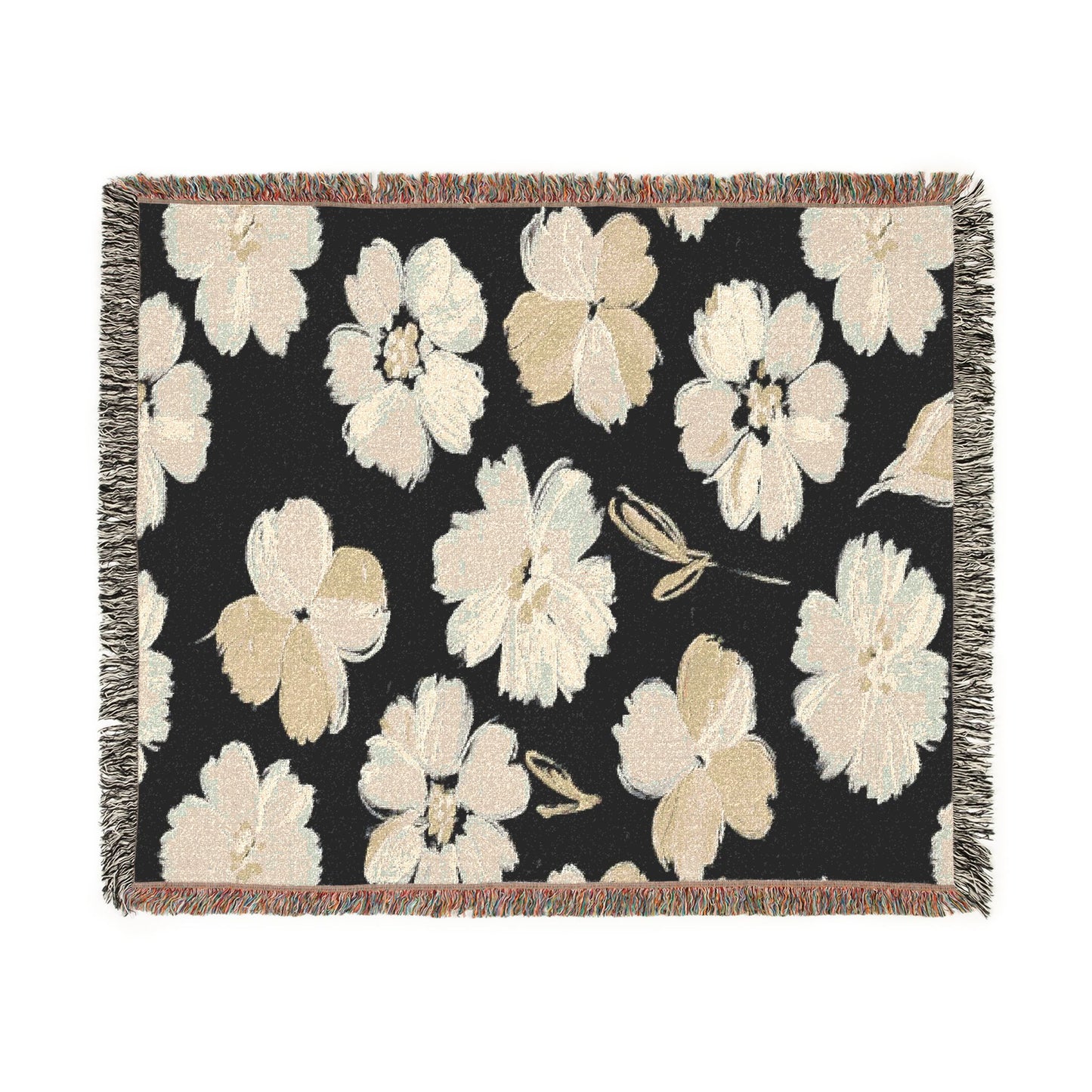Black & White Painted Floral Woven Blanket — Monochrome Floral Throw