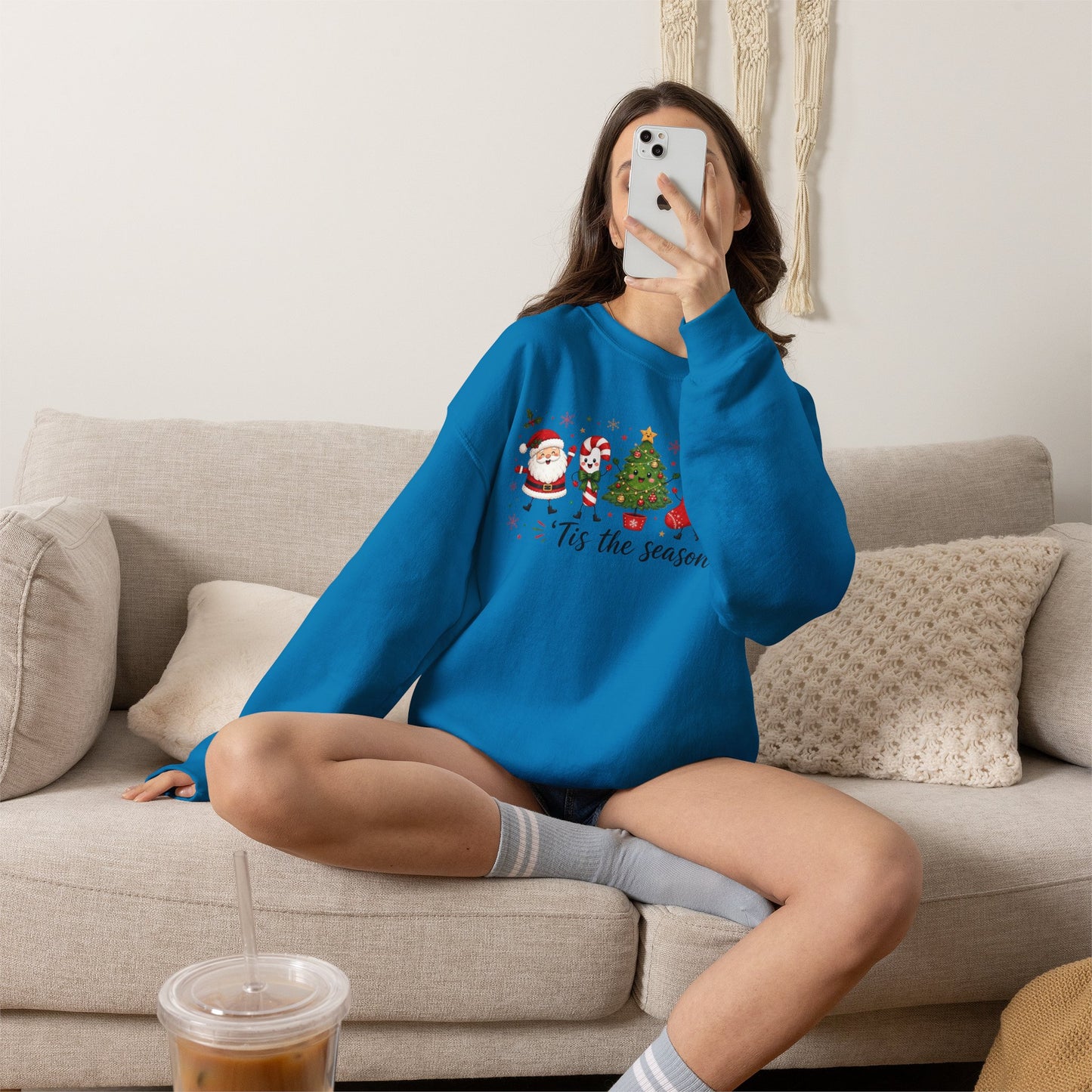 Christmas Crewneck Sweatshirt - 'Tis the Season' Holiday Sweatshirt with Santa & Tree Design