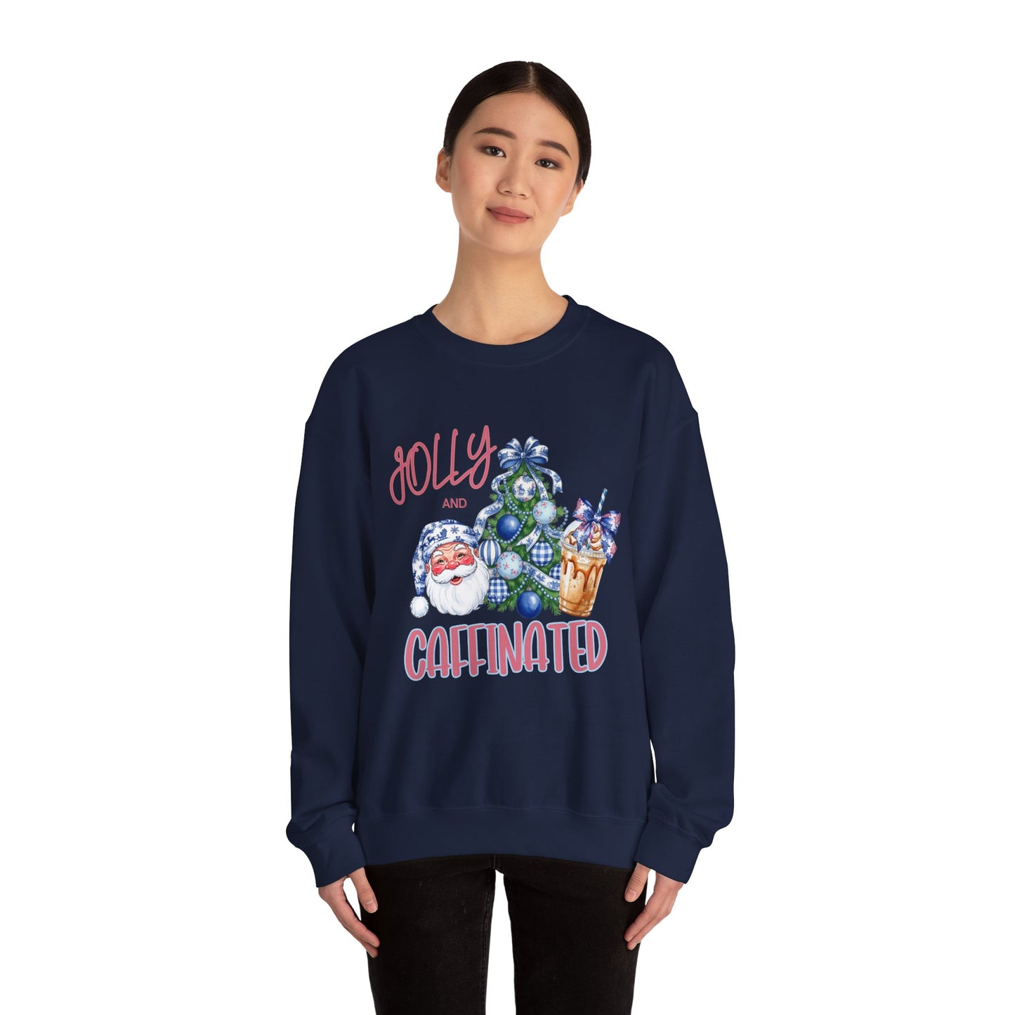 Jolly and Caffeinated Sweatshirt - Cozy Holiday Crewneck for Christmas, Winter, Gift, Festive Wear, Comfy Apparel