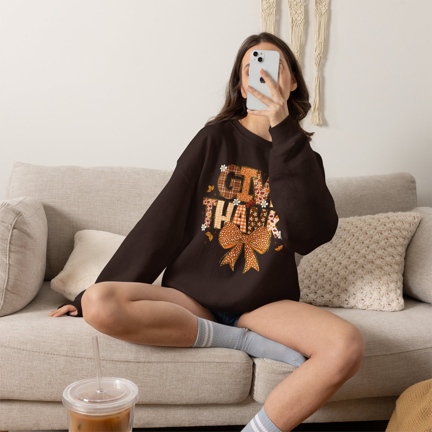 Give Thanks Crewneck Sweatshirt — Autumn Plaid Thanksgiving Pullover