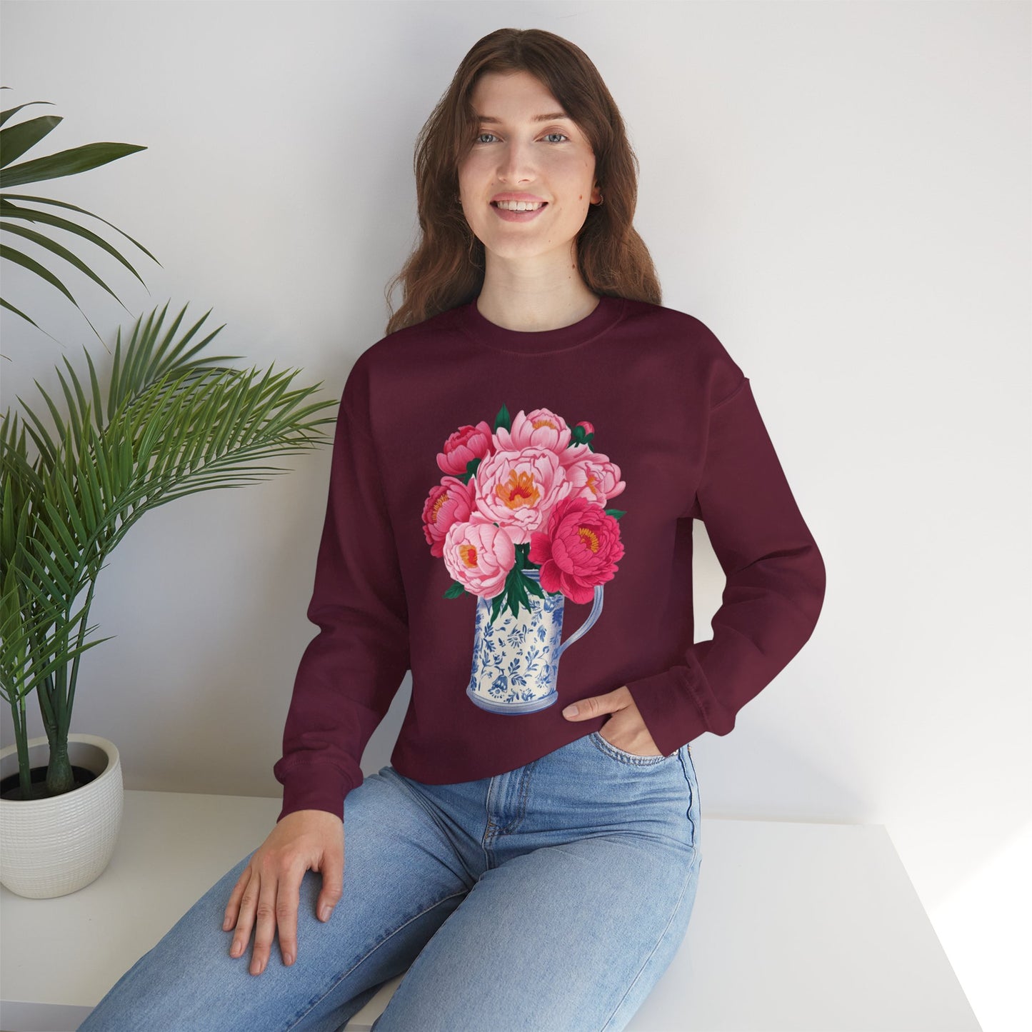 Pink Peonies in Blue Vintage Vase Floral Sweatshirt • Cottagecore Garden Bouquet Crewneck • Botanical Apparel