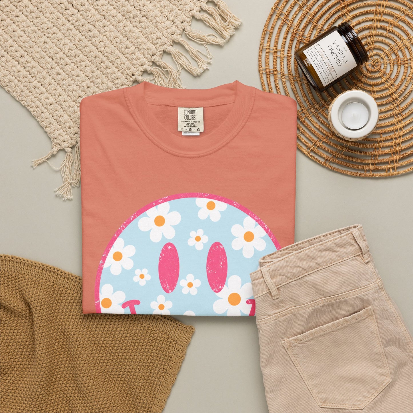 Pink Daisy Smiley Face Tee • Retro Floral Happy Face Shirt • Boutique Mama Graphic Tee