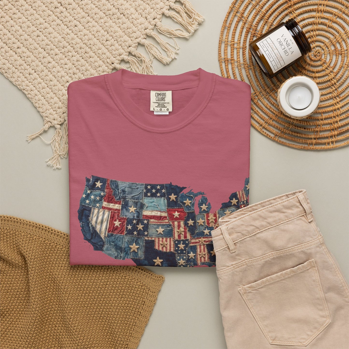 Denim American Flag T-Shirt • USA Patchwork Map Tee • Patriotic Vintage Stars Graphic Shirt