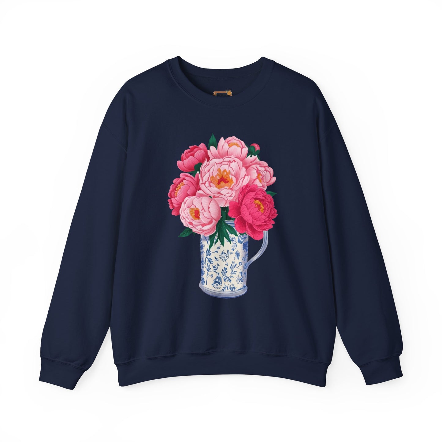 Pink Peonies in Blue Vintage Vase Floral Sweatshirt • Cottagecore Garden Bouquet Crewneck • Botanical Apparel