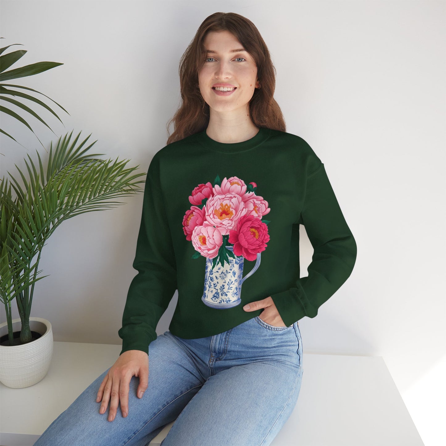 Pink Peonies in Blue Vintage Vase Floral Sweatshirt • Cottagecore Garden Bouquet Crewneck • Botanical Apparel