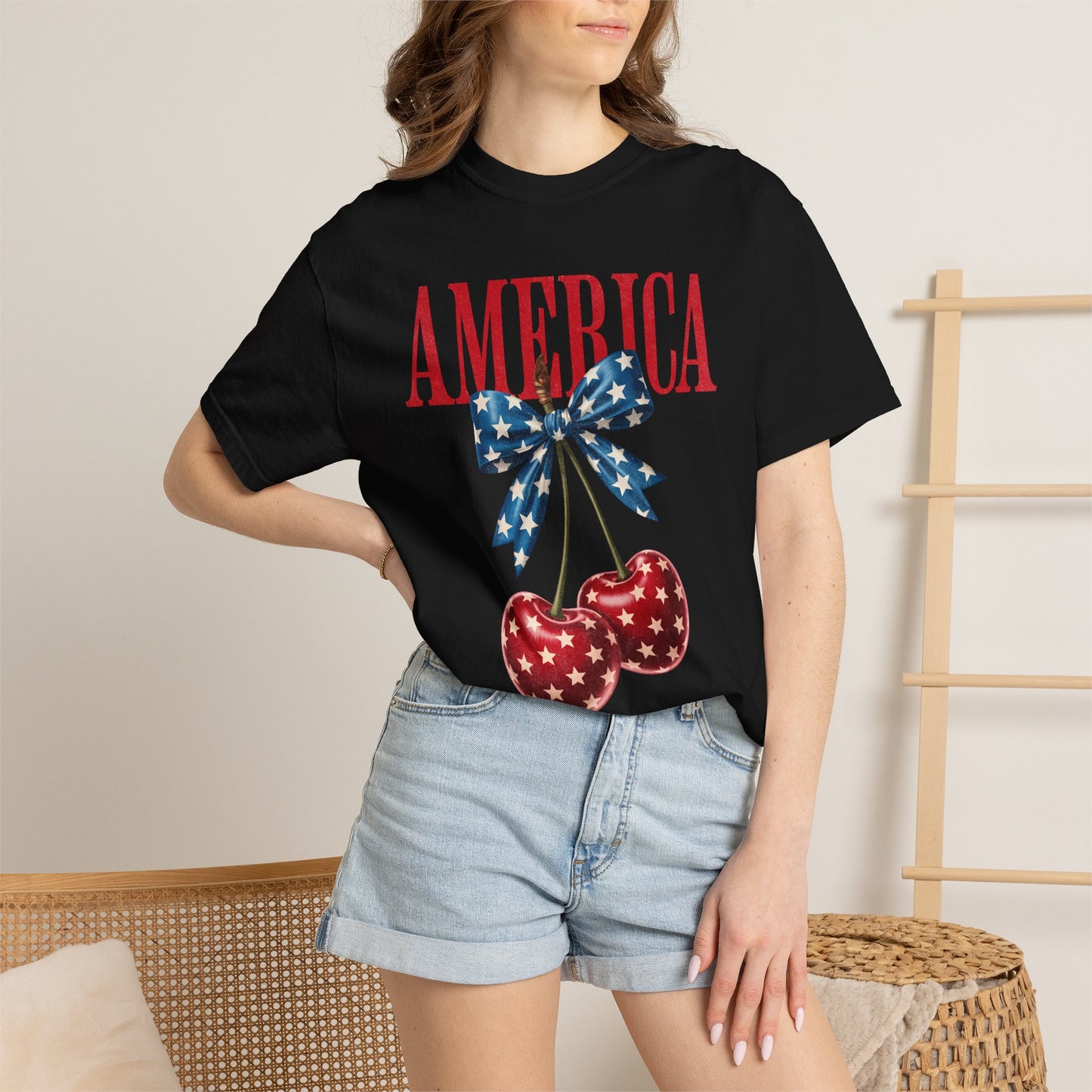 America Cherry Bow T-Shirt • 4th of July Coquette Tee • Red White Blue Graphic Shirt