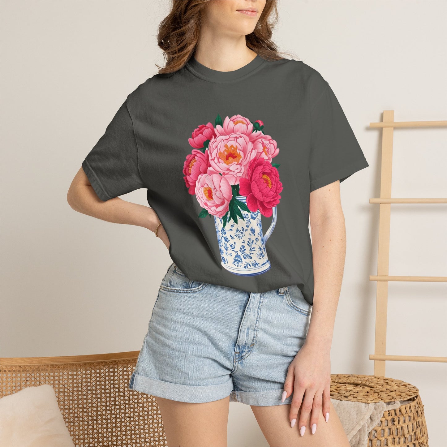 Peony Bouquet T-Shirt — Pink Peony in Vintage White & Blue Floral Vase
