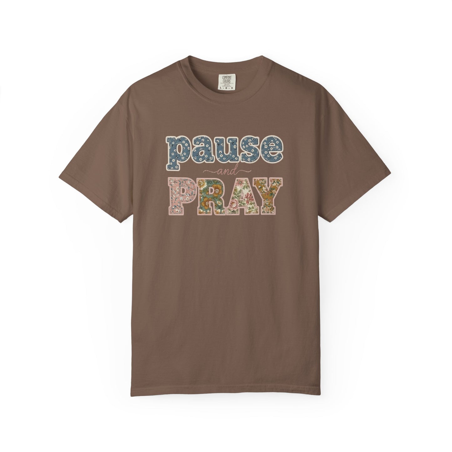 Pause and Pray Feux Patchwork Floral Scripture Tshirt • Vintage Cottagecore Christian Apparel for Women • Feminine Faith Aesthetic Tee