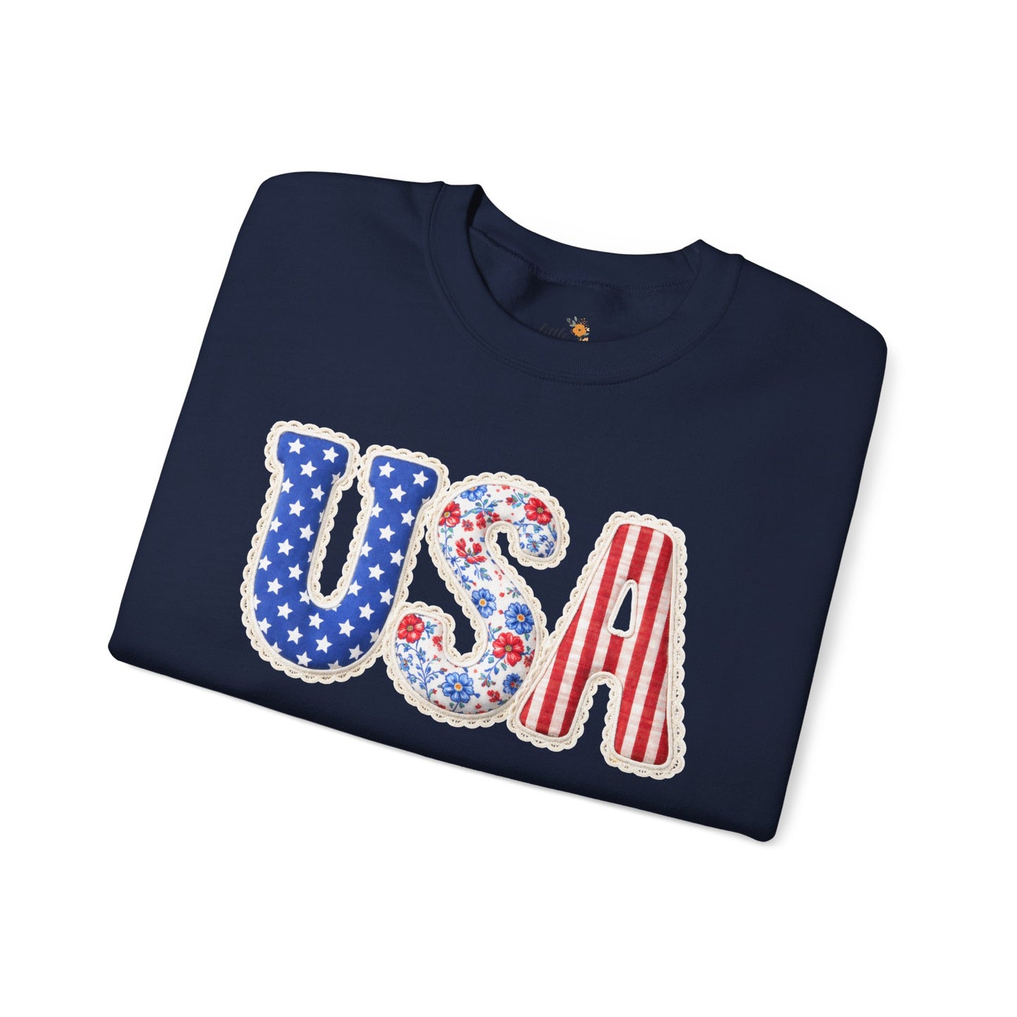 Floral Patchwork USA Crewneck • Preppy Patriotic Sweatshirt • Vintage Americana Gingham Sweatshirt • Cozy Summer Mom Outfit