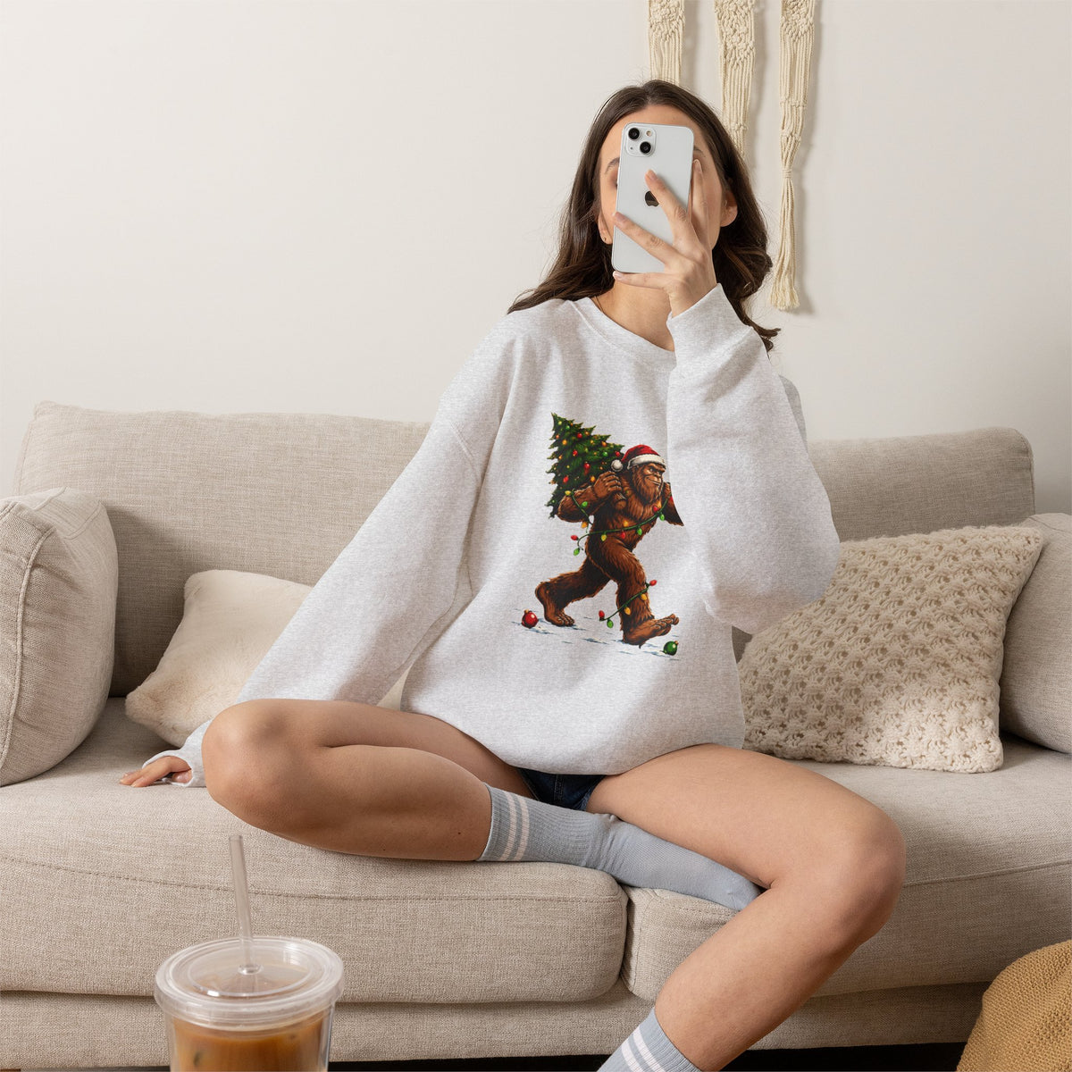 Sweatshirt — Holiday Sasquatch Carrying Christmas Tree Graphic Crewneck