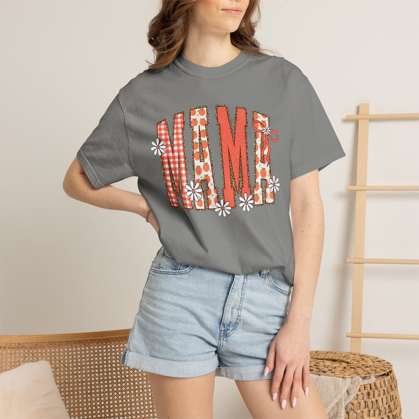 Daisy Peach MAMA Floral Shirt • Spring Graphic Tee • Peach Gingham Mom Shirt • Feminine Boutique Everyday Outfit