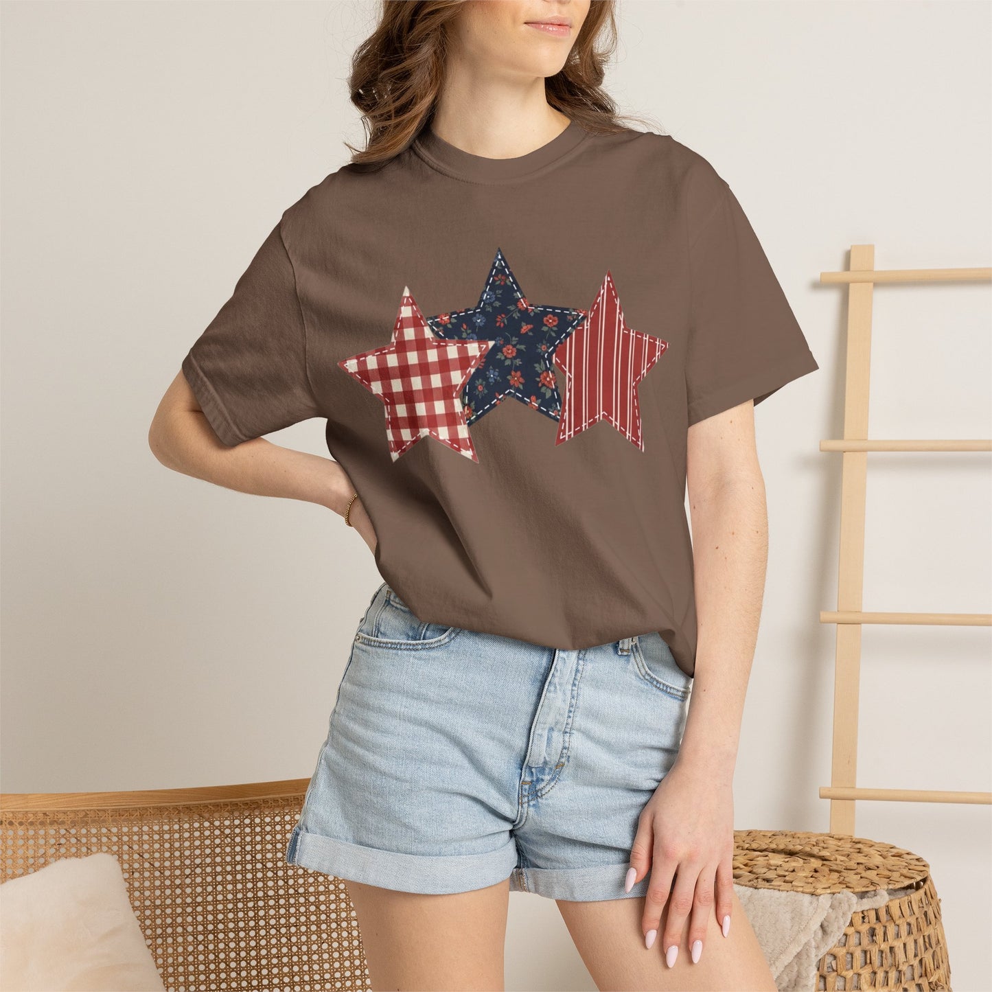 4th of July Patchwork Star T-Shirt for Summer nights • Floral Gingham Red White Blue USA Tee • Patriotic Outfit