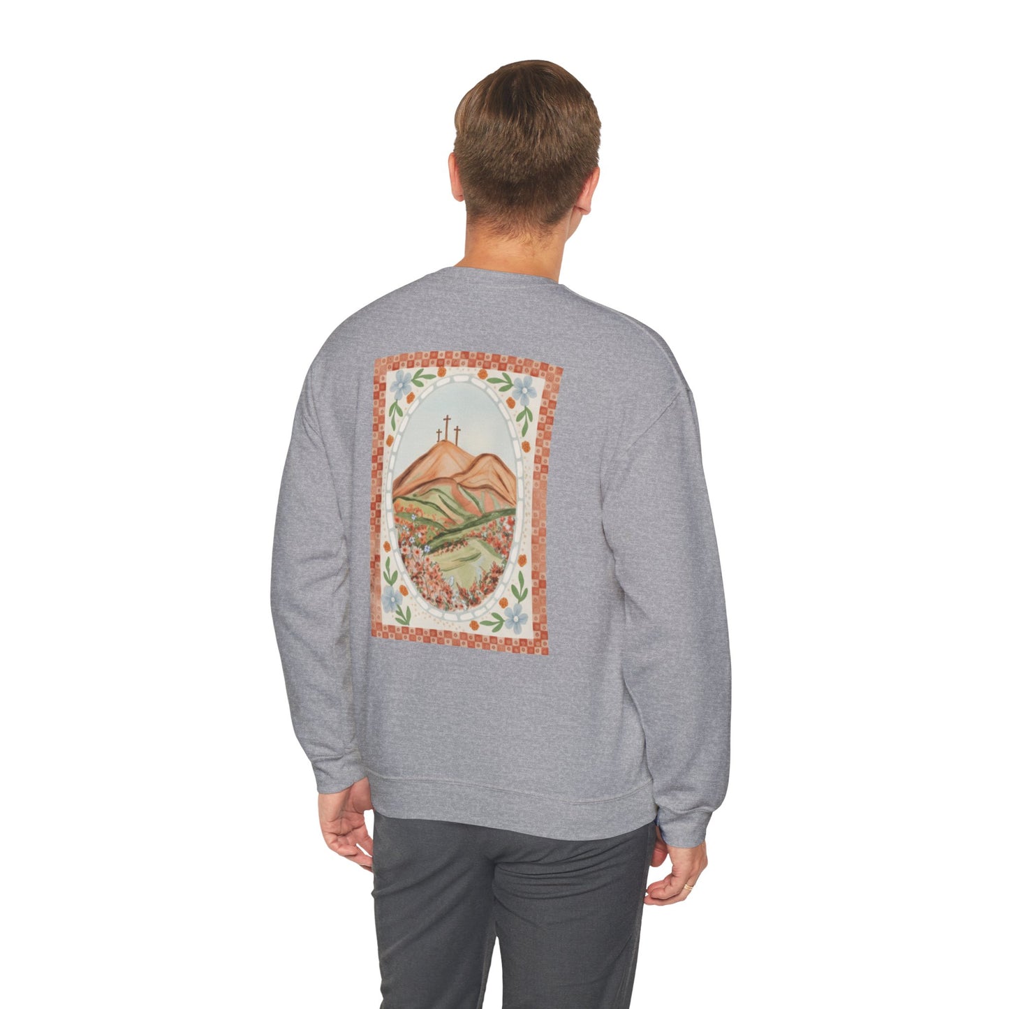 Easter Landscape Faith Sweatshirt (Front & Back) • Christian Mountain Cross Crewneck • Floral Resurrection Scene Graphic
