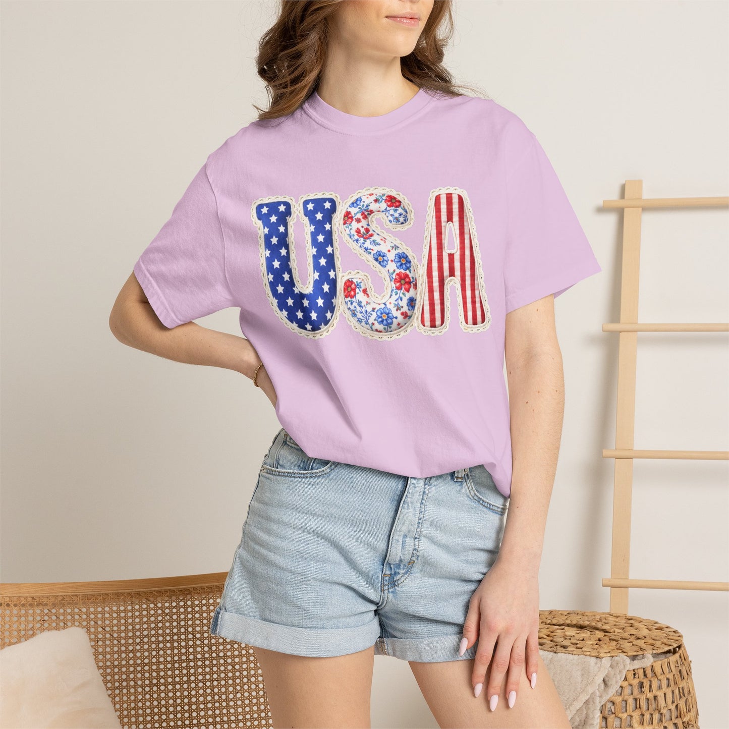 Floral Patchwork USA Shirt • Preppy Patriotic Tee • Vintage Americana Gingham Shirt • 4th of July Mom Outfit