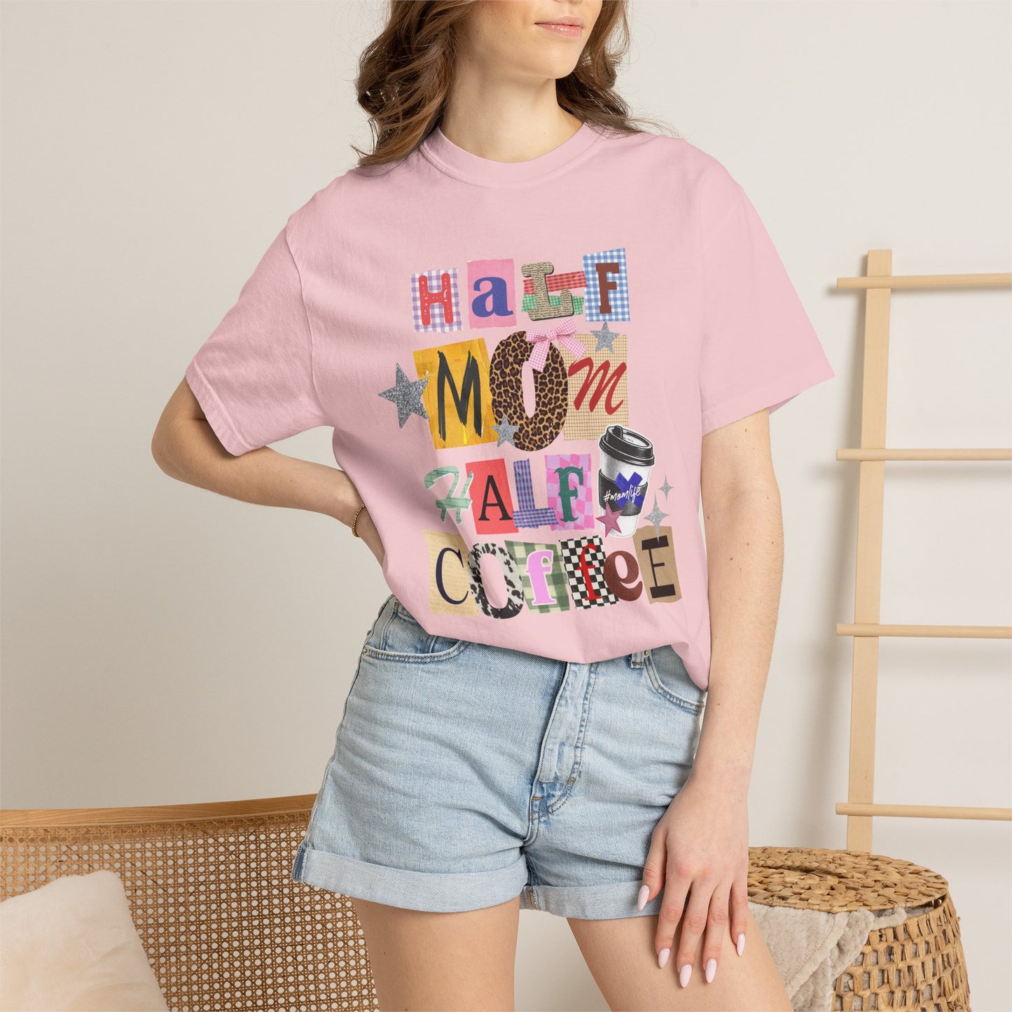 Half Mom Half Coffee Graphic Tee • Funny Mom Shirt Women • Trendy Patchwork Mixed Print Leopard Gingham Tee • Mom Life Shirt