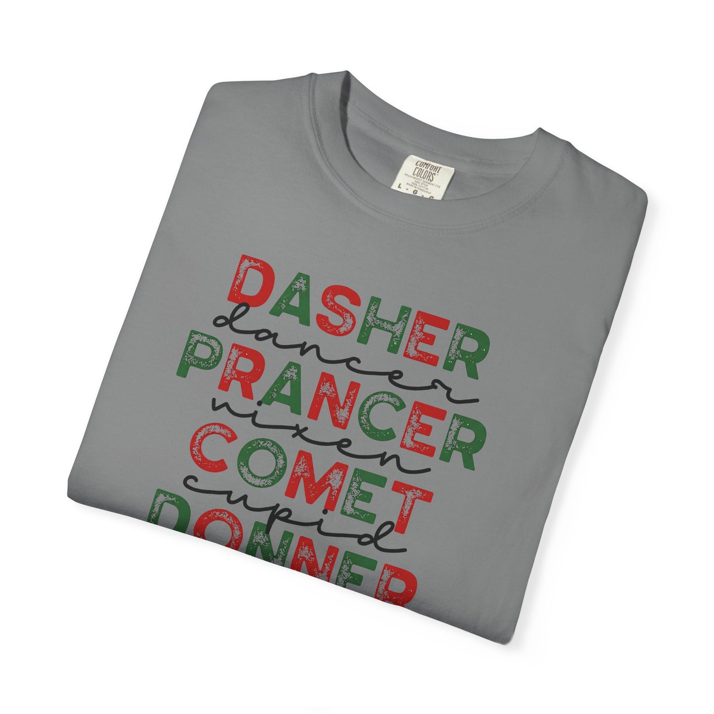 Reindeer Names Christmas T-Shirt — Dasher, Dancer, Prancer, Vixen, Comet, Cupid, Donner, Rudolph