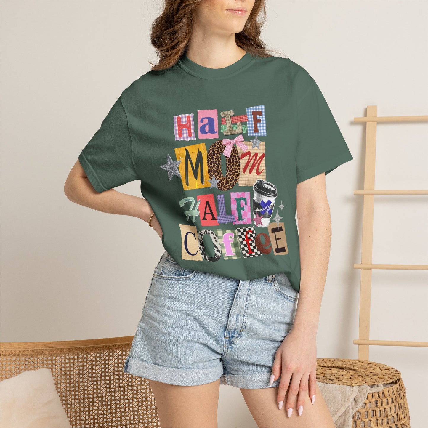 Half Mom Half Coffee Graphic Tee • Funny Mom Shirt Women • Trendy Patchwork Mixed Print Leopard Gingham Tee • Mom Life Shirt