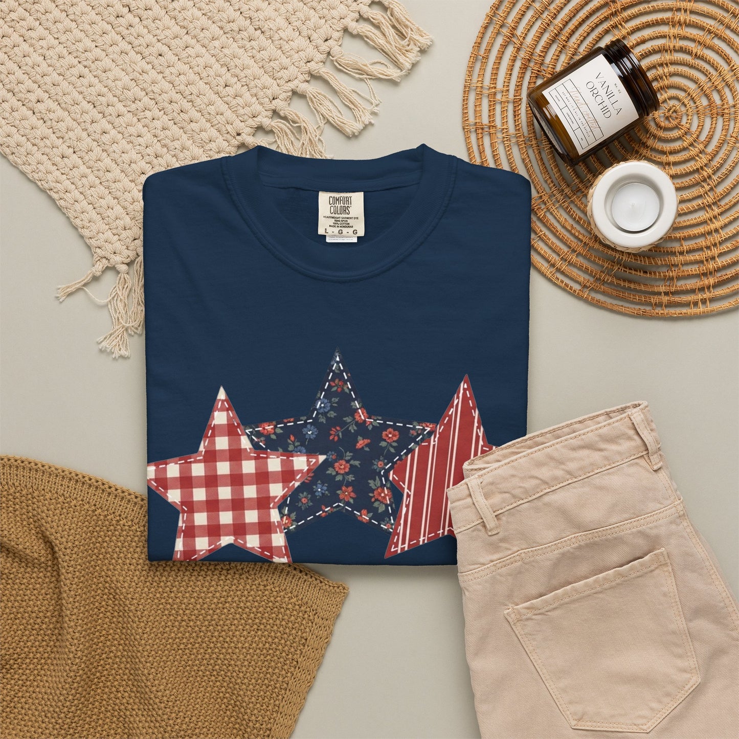 4th of July Patchwork Star T-Shirt for Summer nights • Floral Gingham Red White Blue USA Tee • Patriotic Outfit