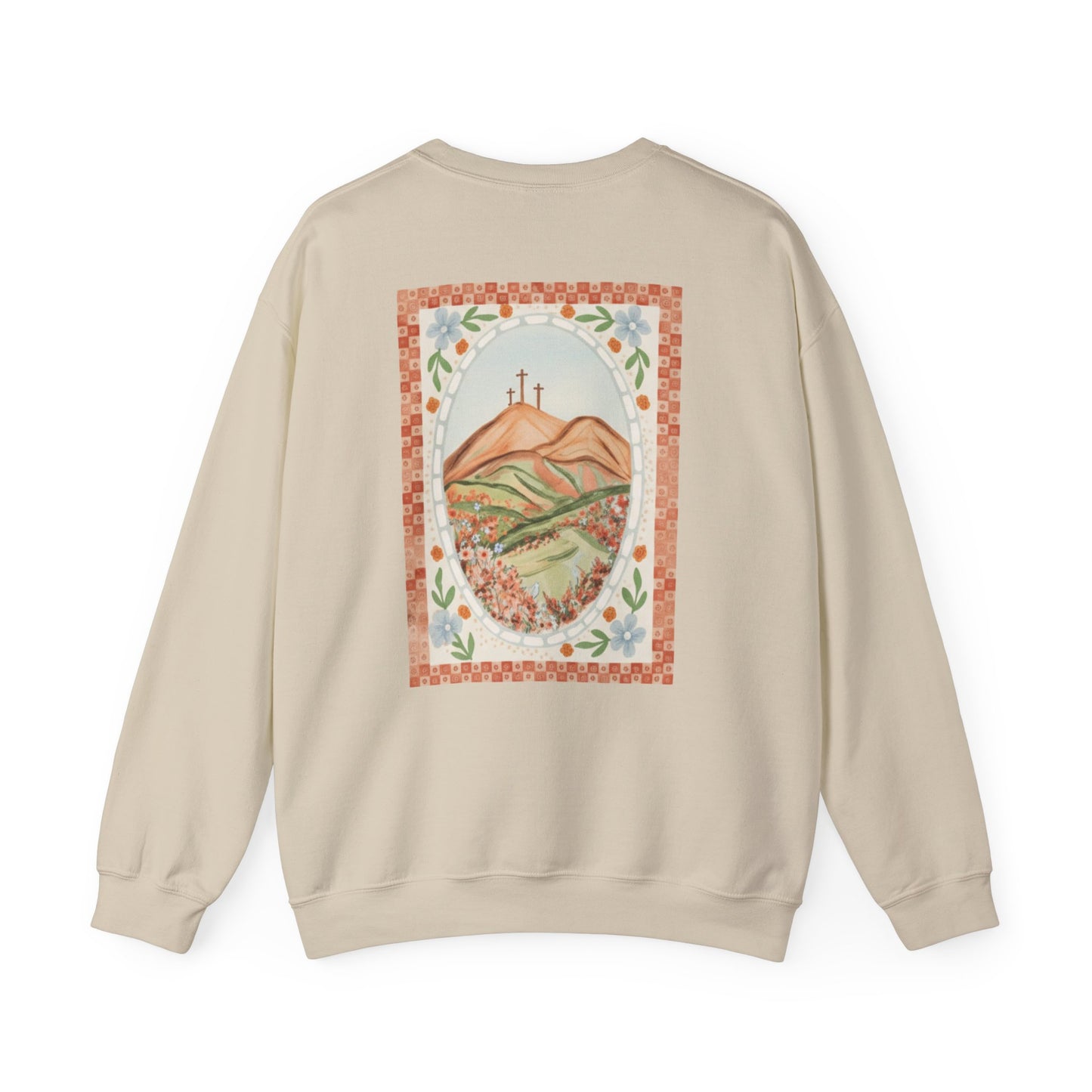 Easter Landscape Faith Sweatshirt (Front & Back) • Christian Mountain Cross Crewneck • Floral Resurrection Scene Graphic