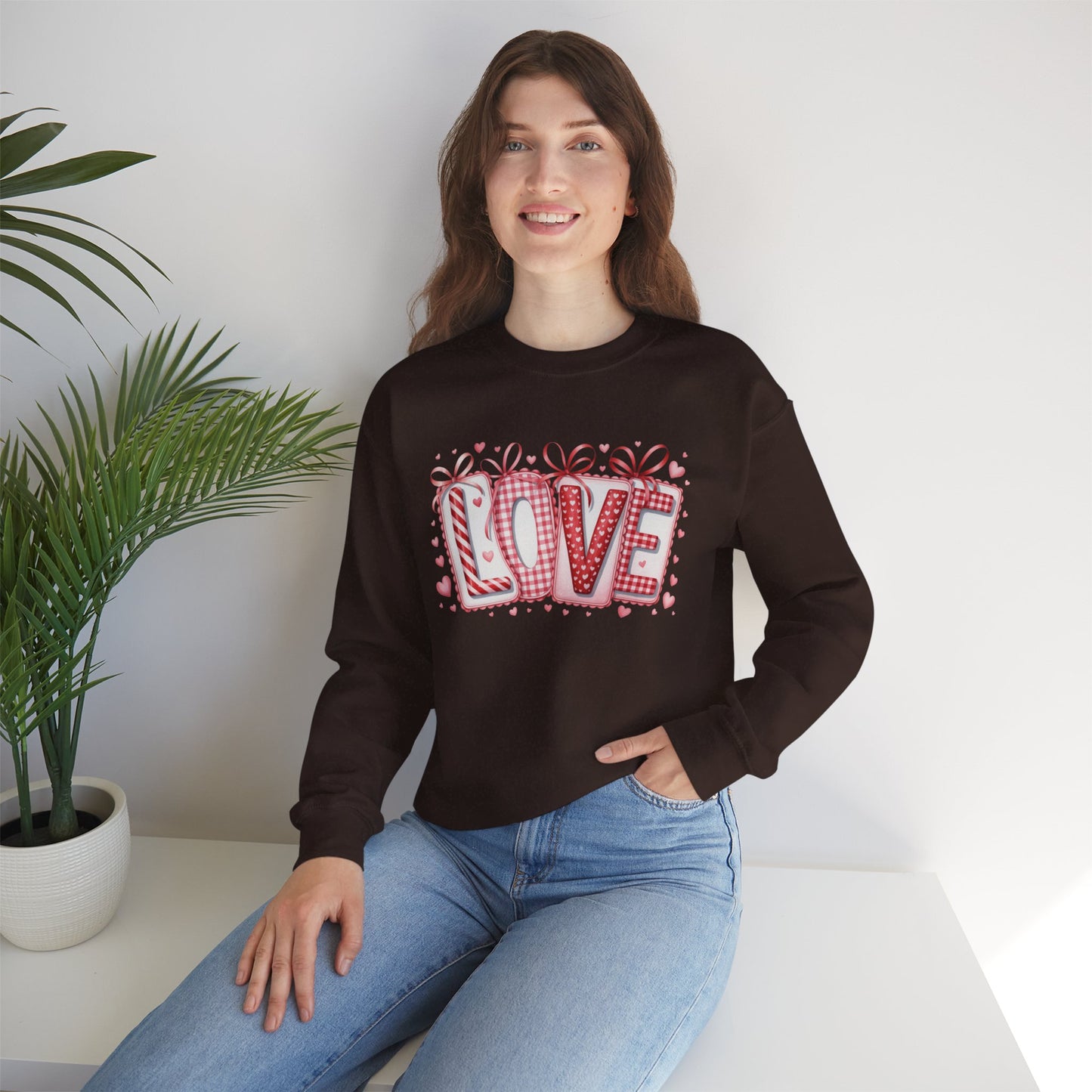 Valentine LOVE Sweatshirt with Coquette Bows and Patchwork Letters • Girly Romantic Aesthetic