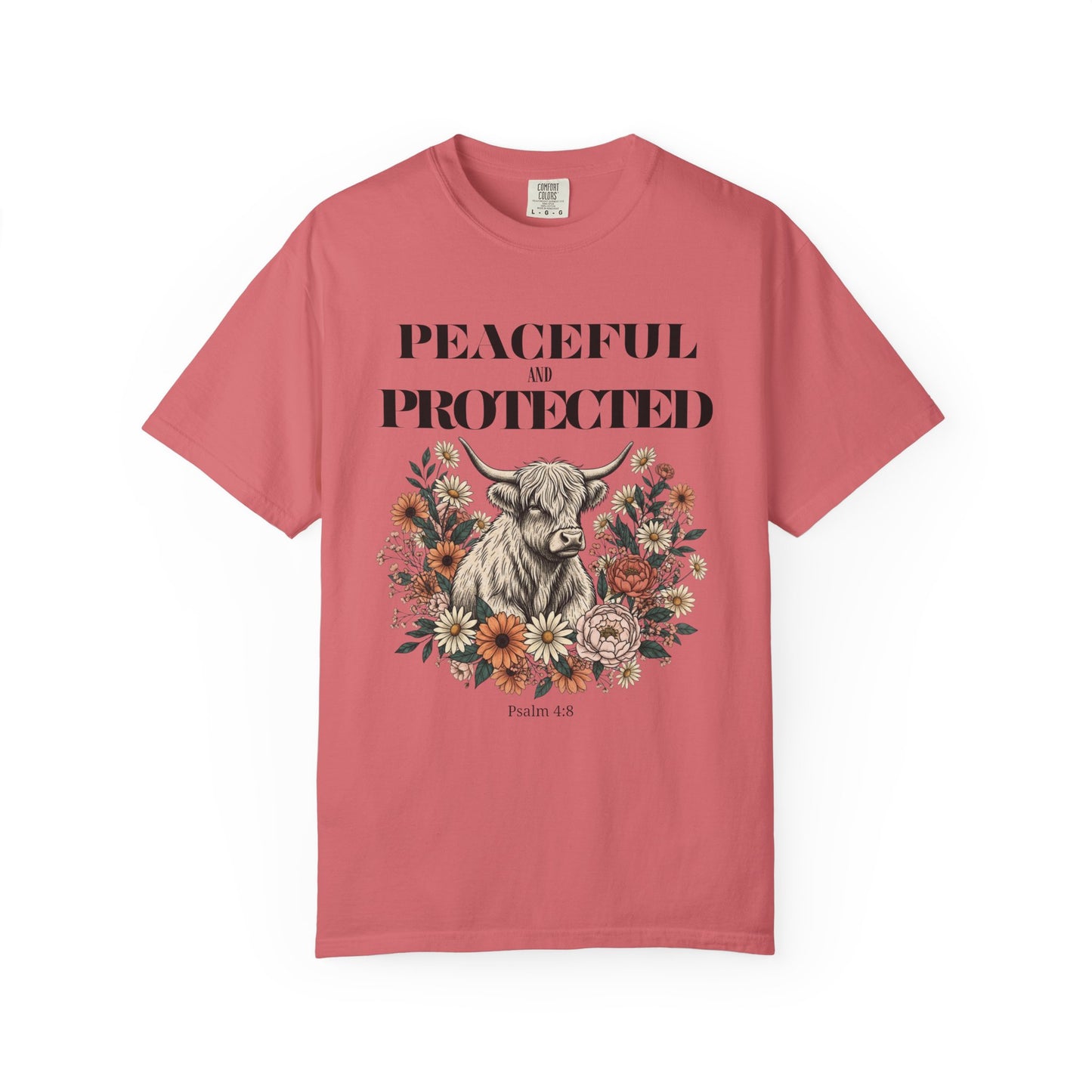 Peaceful and Protected Highland Cow Tee • Psalm 4:8 • Western Floral Faith Shirt
