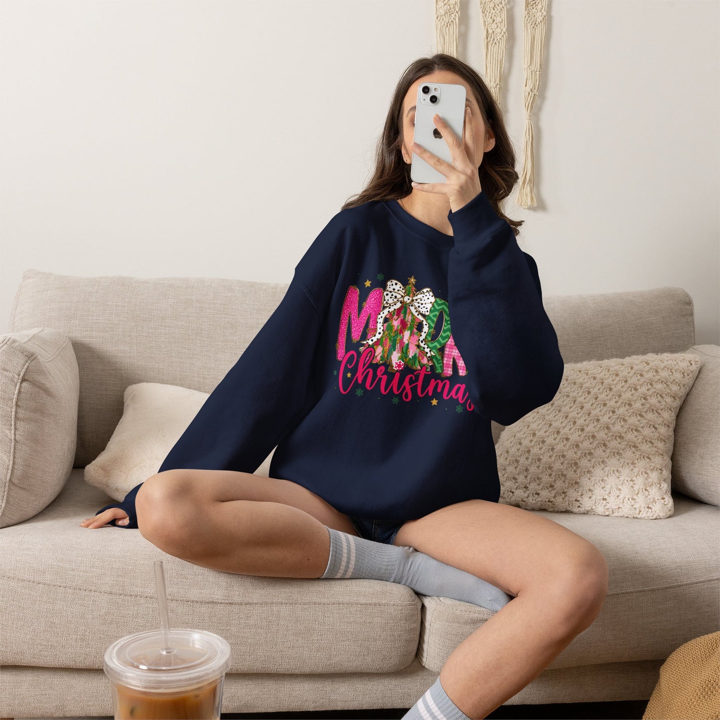 Christmas Crewneck Sweatshirt — 'Merry Christmas' Pink & Green Tree Design