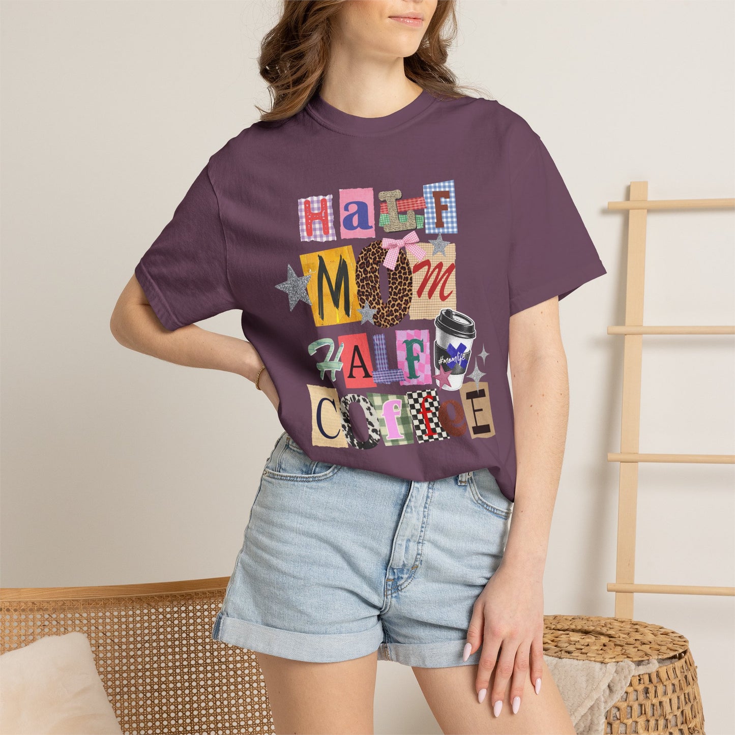 Half Mom Half Coffee Graphic Tee • Funny Mom Shirt Women • Trendy Patchwork Mixed Print Leopard Gingham Tee • Mom Life Shirt