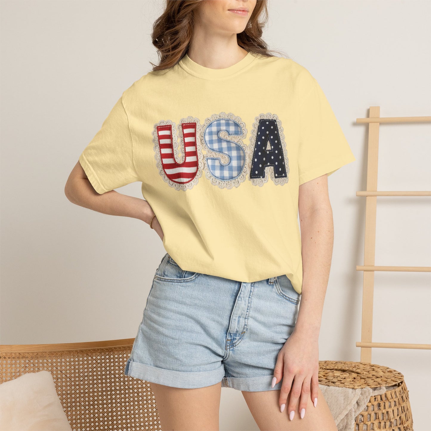 USA Patchwork Shirt • Preppy Patriotic Tee • Coquette Americana Top • Red White Blue Outfit Shirt