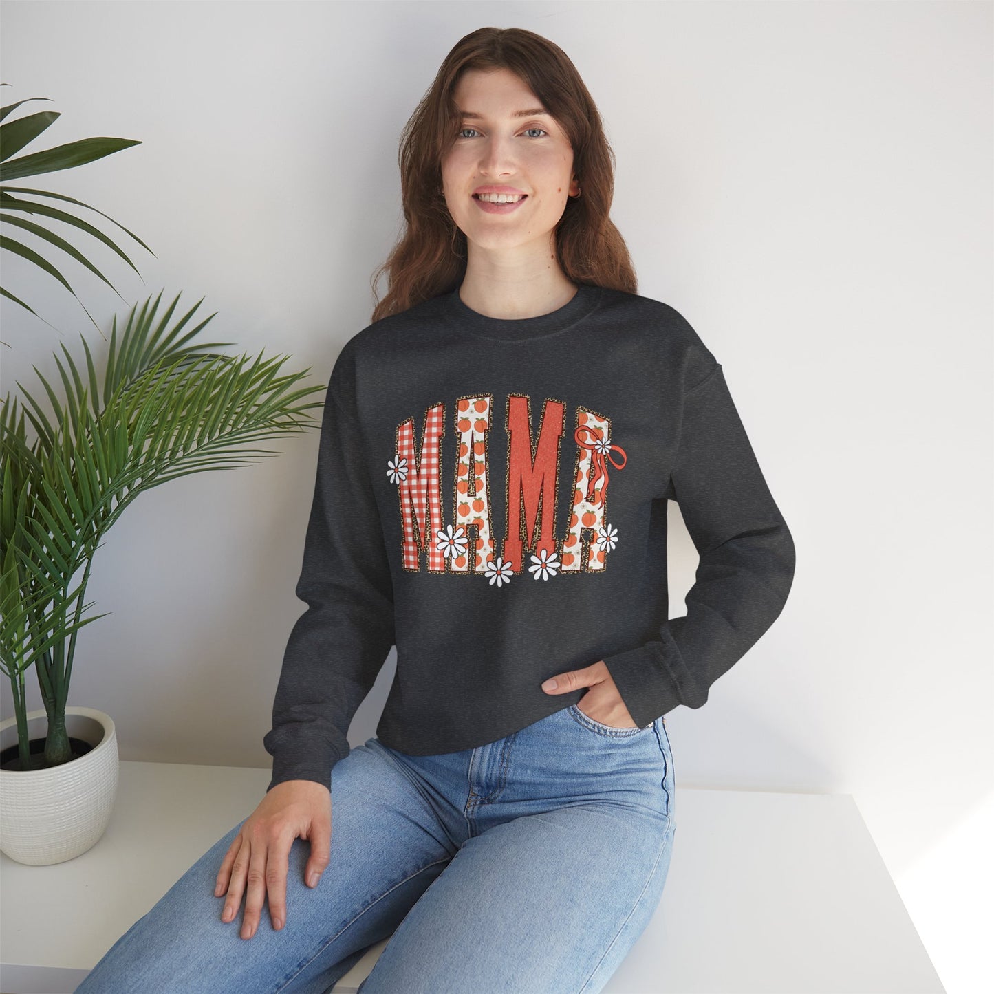 Daisy Peach MAMA Floral Sweatshirt • Spring Graphic Crew • Peach Gingham Mom pullover • Feminine Boutique Everyday Outfit