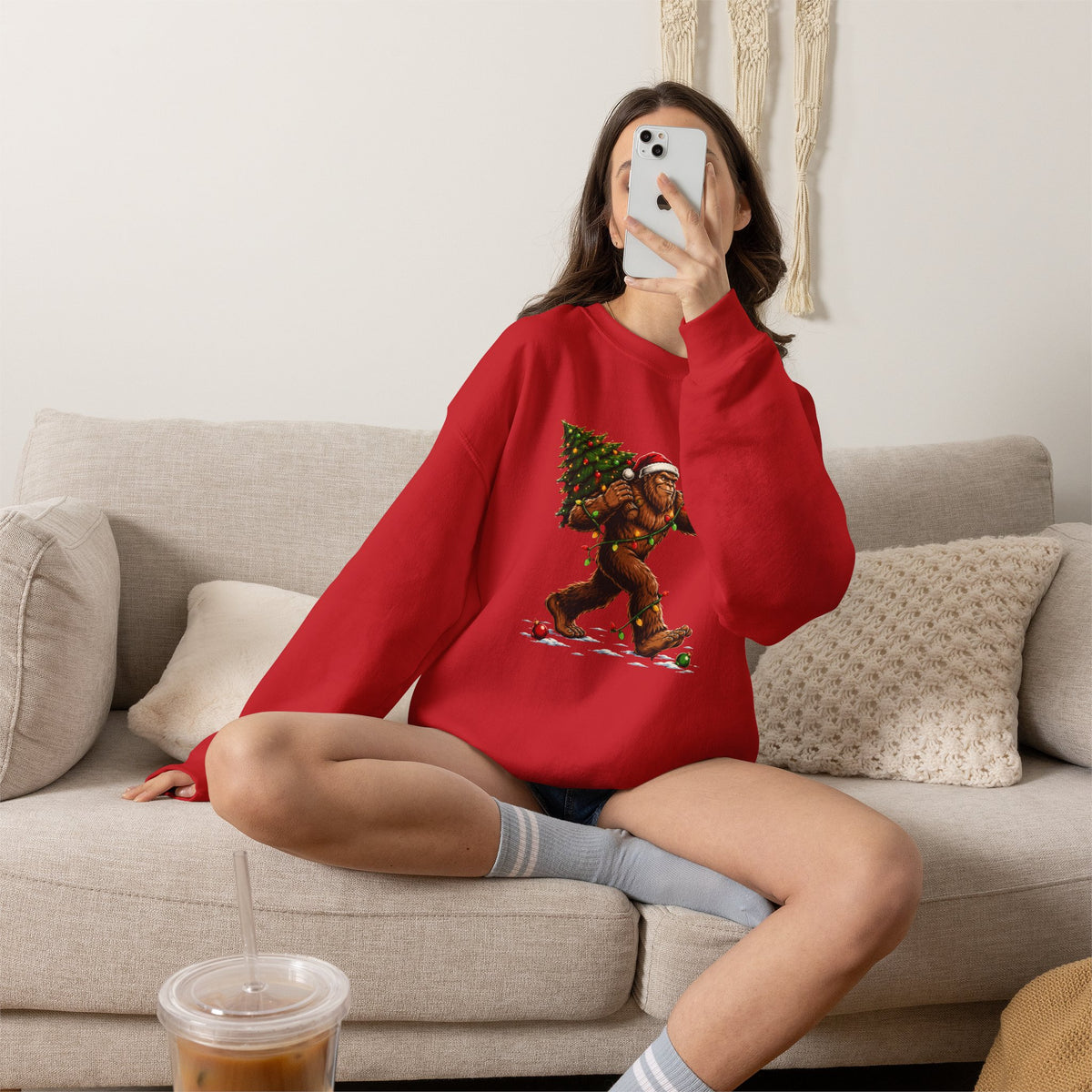 Sweatshirt — Holiday Sasquatch Carrying Christmas Tree Graphic Crewneck