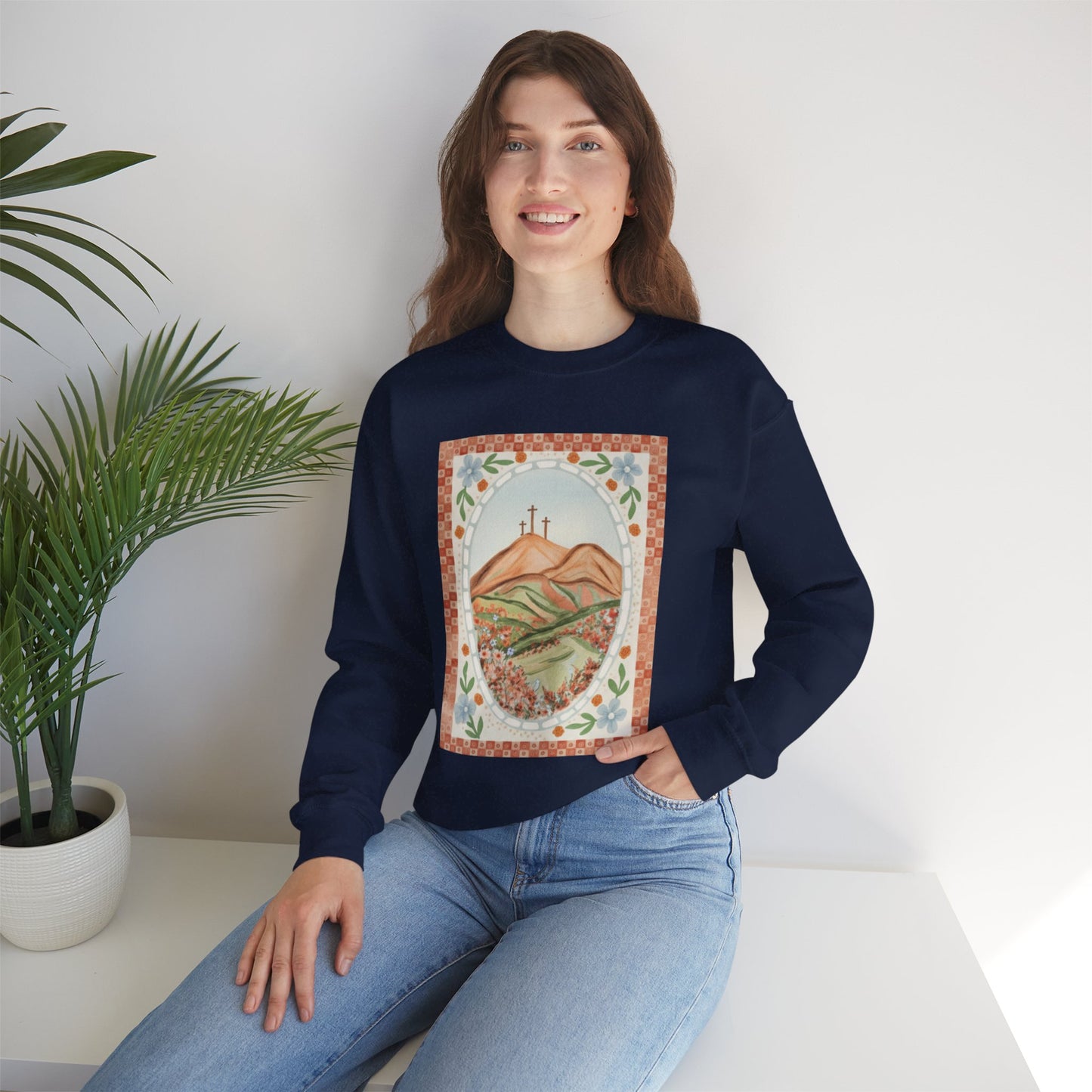 Easter Landscape Faith Sweatshirt (Front Only) • Christian Mountain Cross Crewneck • Floral Resurrection Scene Graphic