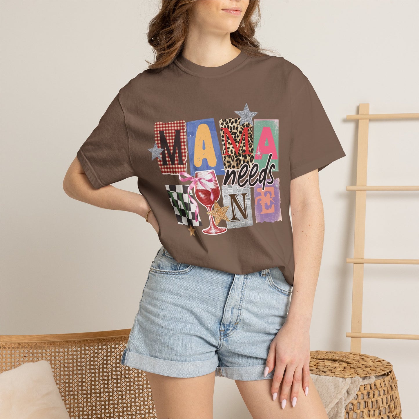 Mama Needs Wine Graphic Tee • Funny Mom Shirt Women • Trendy Patchwork Mixed Print Leopard Gingham Tee • Mom Life Shirt