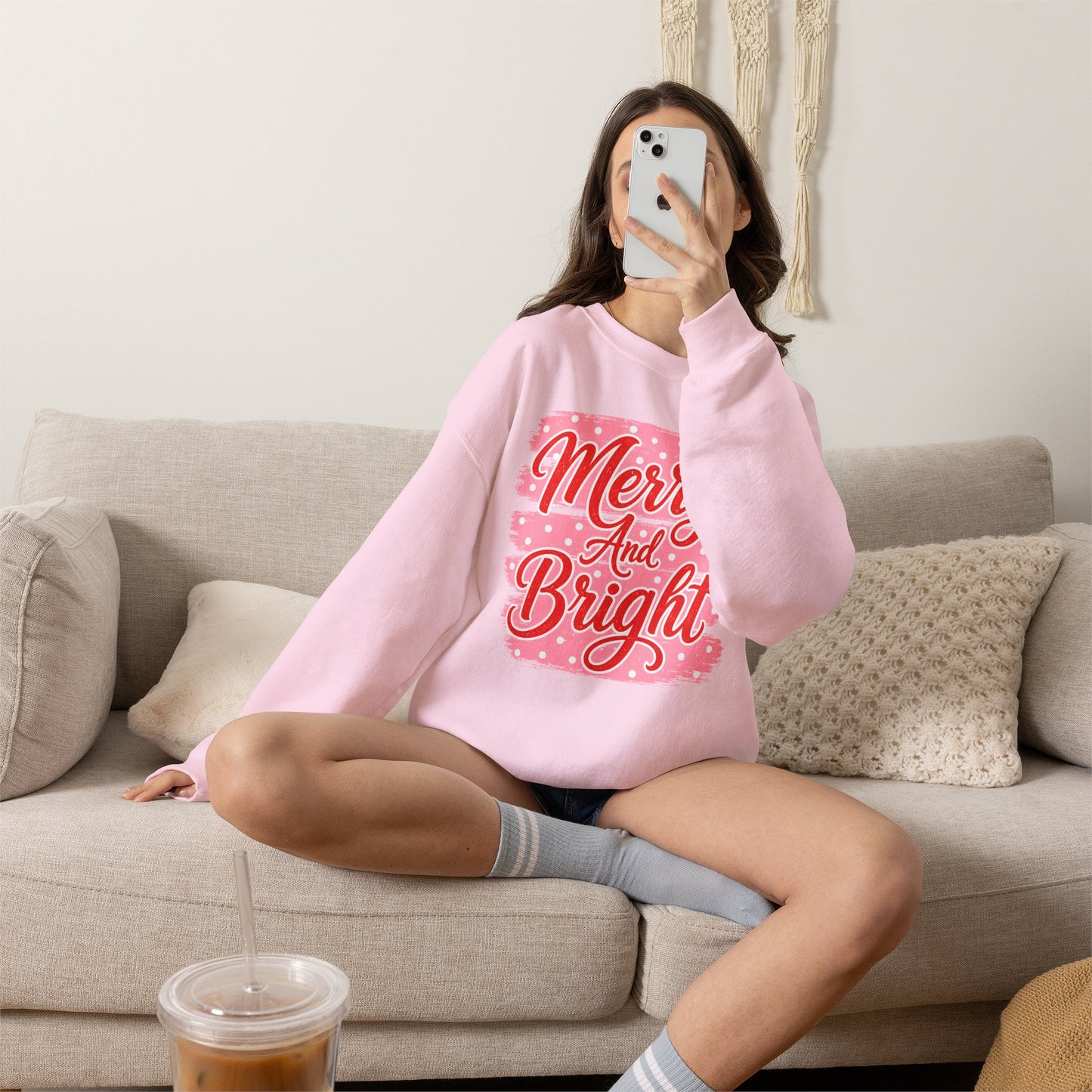 Merry and Bright Sweatshirt — Pink Holiday Crewneck