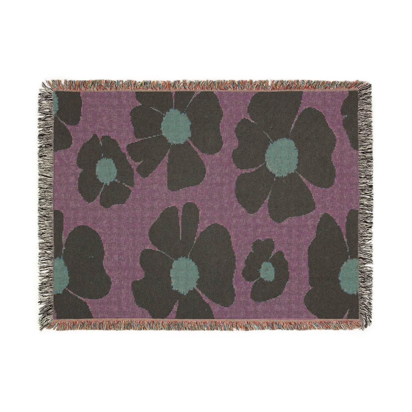 Vintage Retro Floral Woven Blanket — Pink Flowers on Green Background, Cozy Throw for Bedroom & Living Room