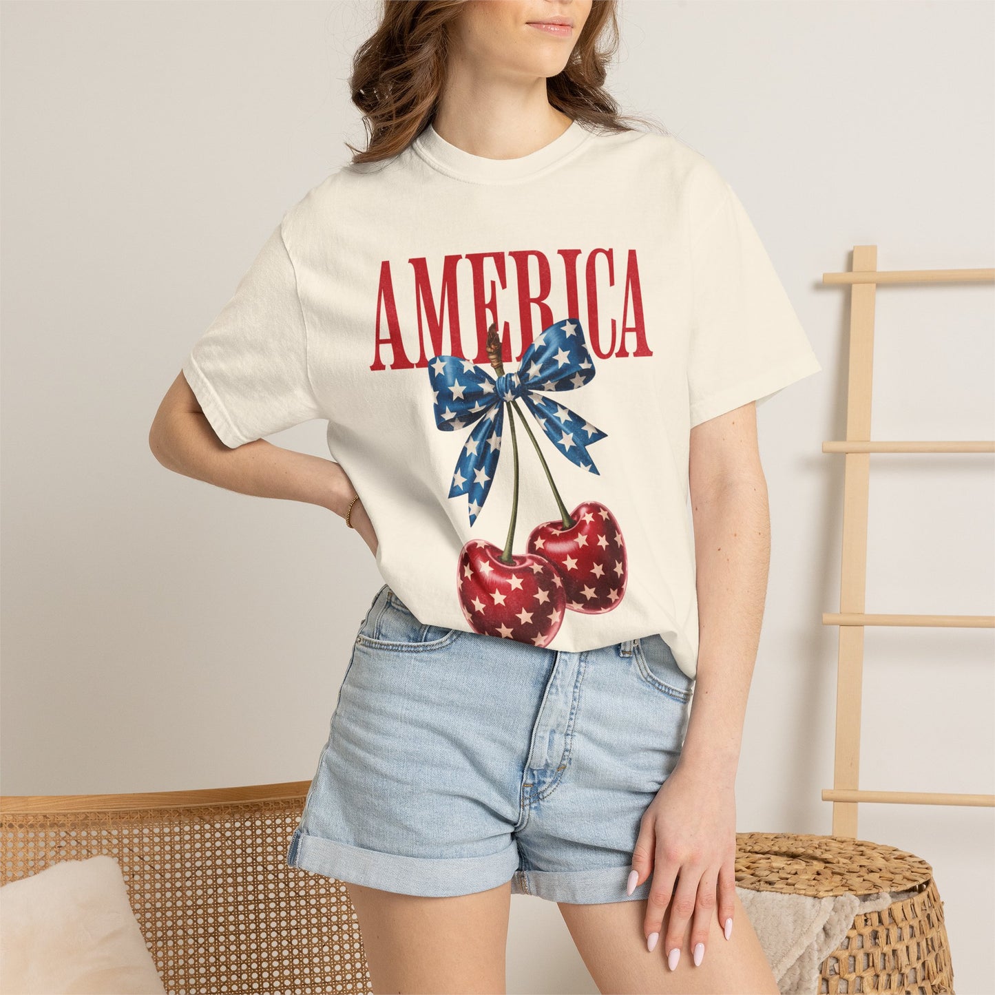 America Cherry Bow T-Shirt • 4th of July Coquette Tee • Red White Blue Graphic Shirt