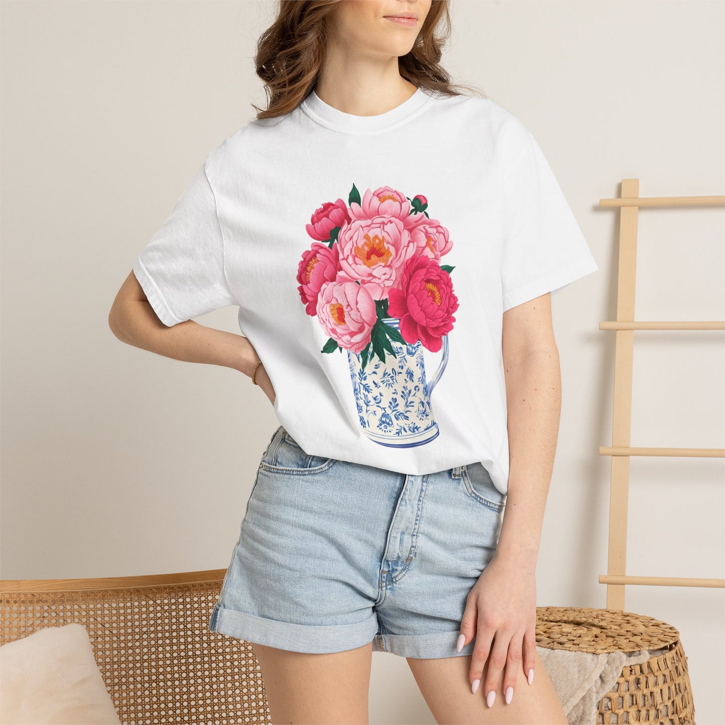Peony Bouquet T-Shirt — Pink Peony in Vintage White & Blue Floral Vase