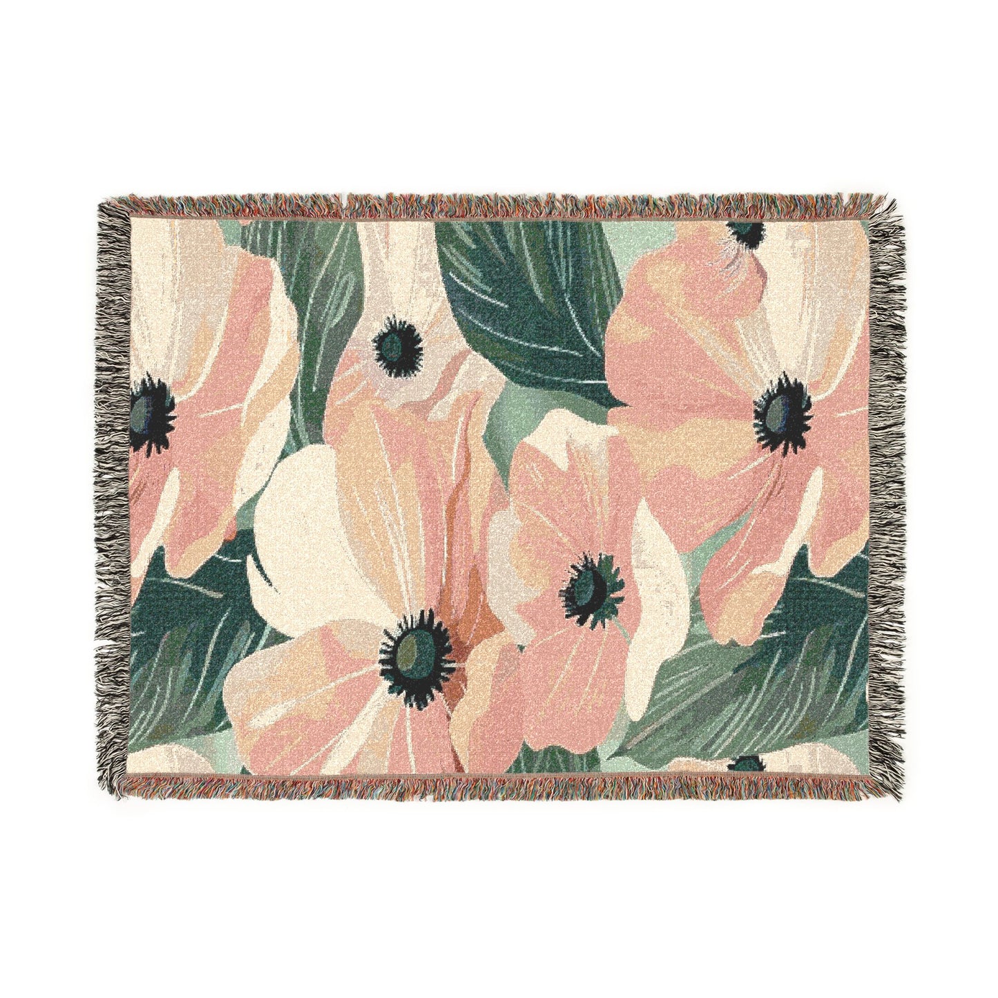 Floral Woven Blanket — Vintage Pink & Green Botanical Throw