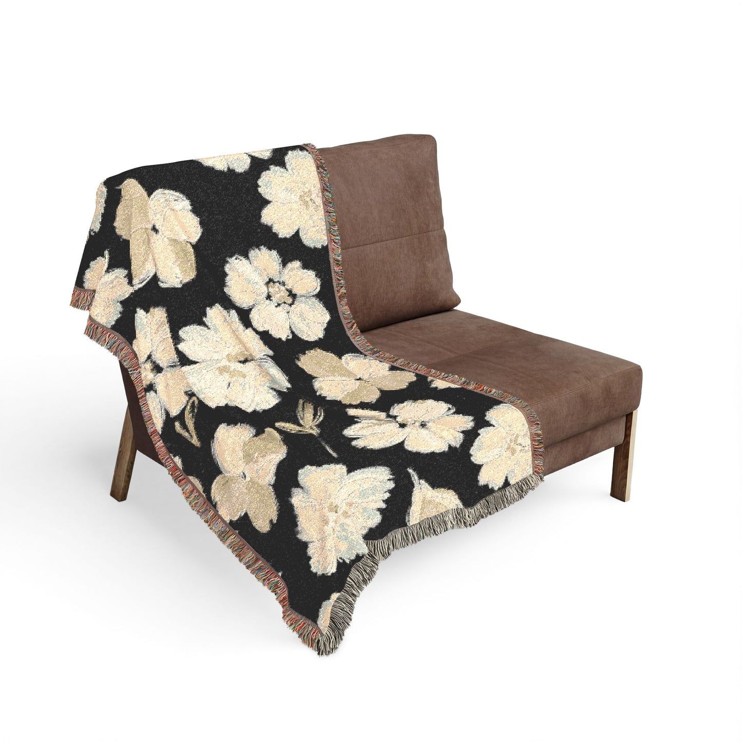 Black & White Painted Floral Woven Blanket — Monochrome Floral Throw