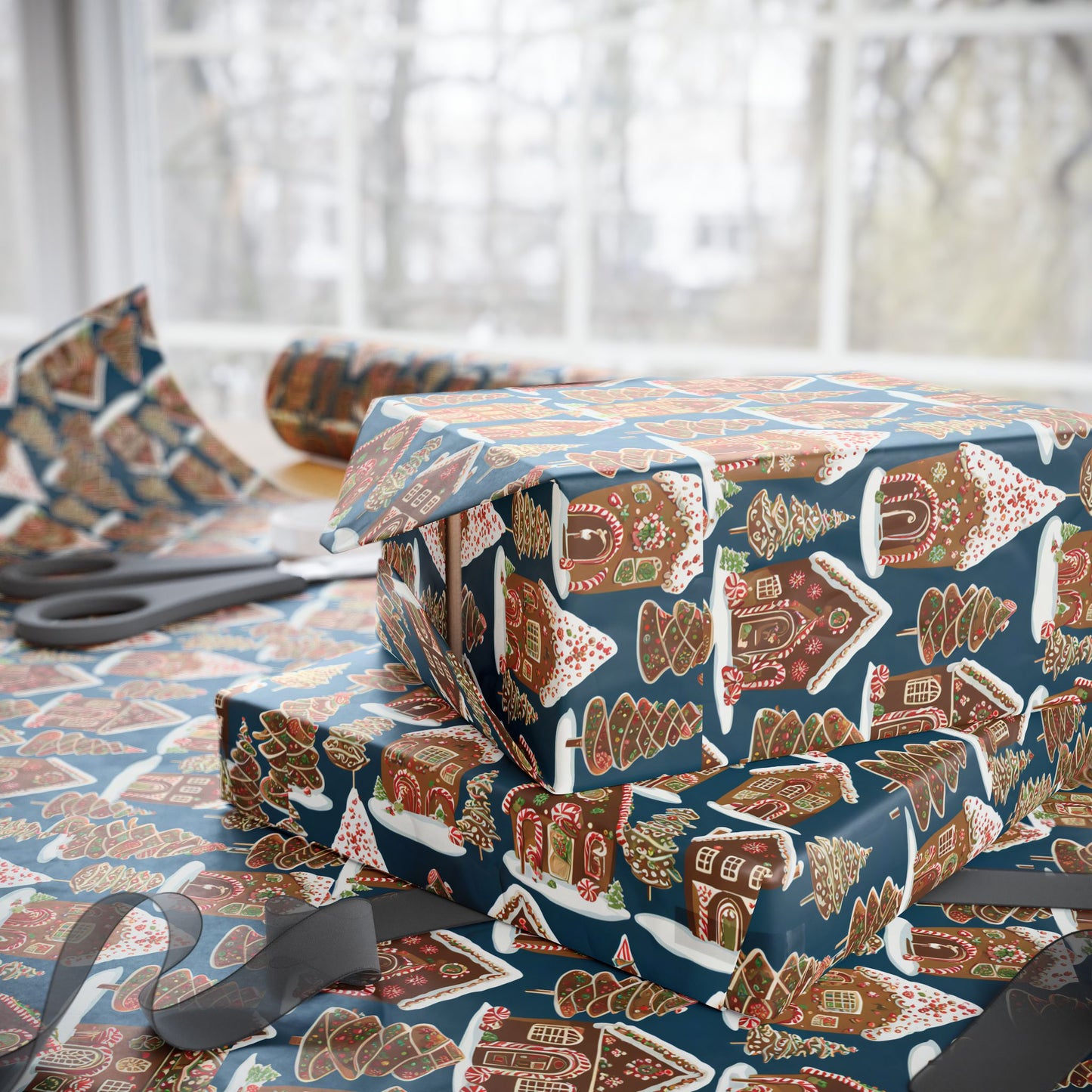 Navy Gingerbread Village Christmas Blanket & Wrapping Paper | Blue Winter Cookie House Pattern | Cozy Holiday Gift Wrap | Festive Home Decor