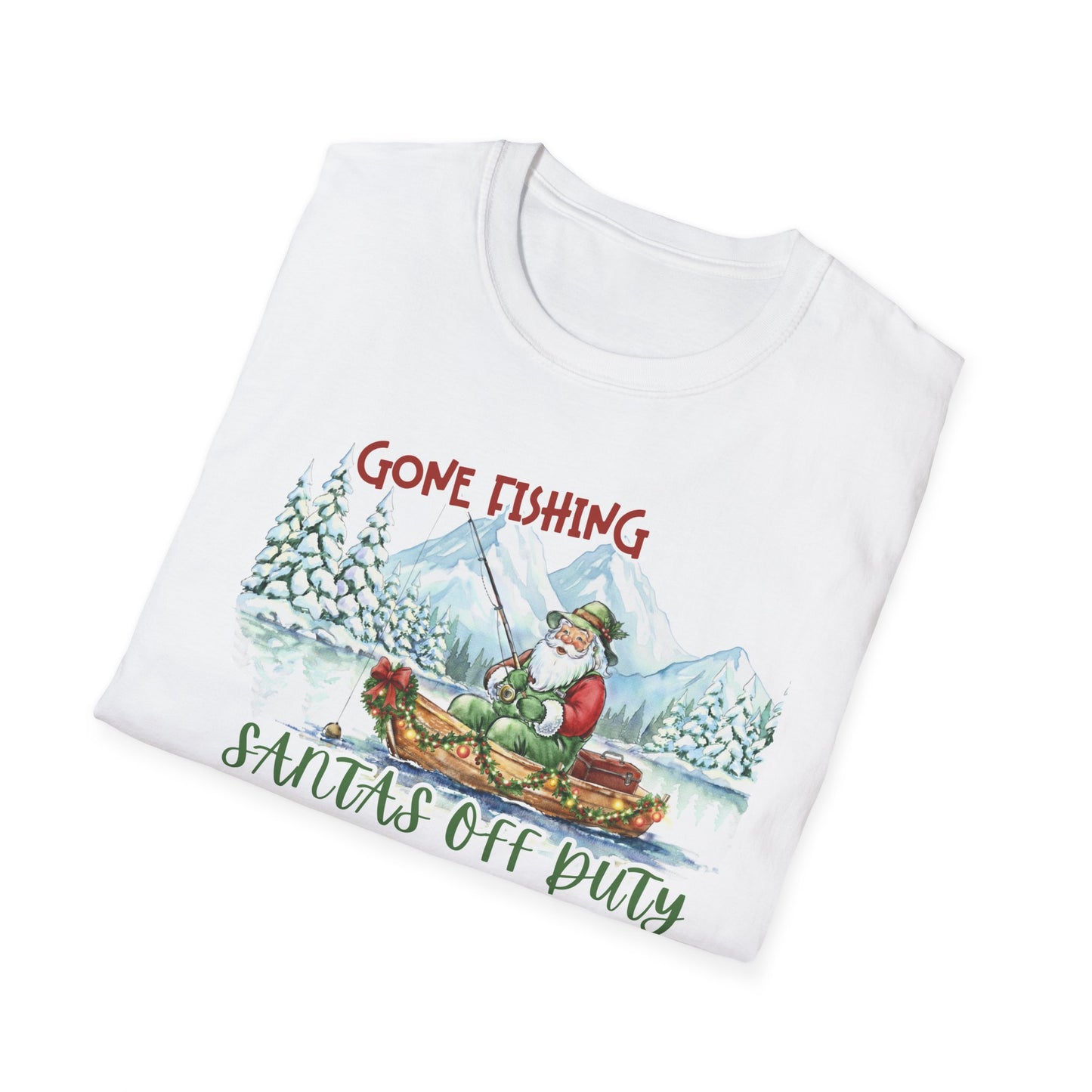 Santa’s Off Duty Shirt | Funny Christmas Fishing Tee | Holiday Graphic Shirt with Santa in Canoe | Cute Christmas Gift for Fishermen