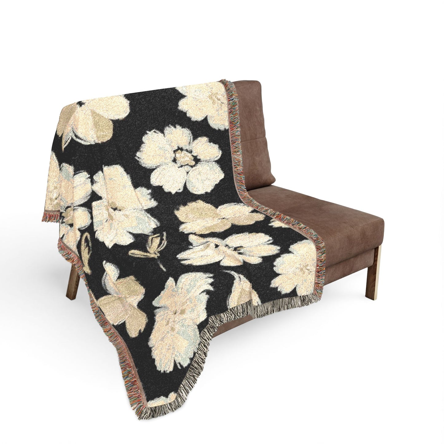 Black & White Painted Floral Woven Blanket — Monochrome Floral Throw