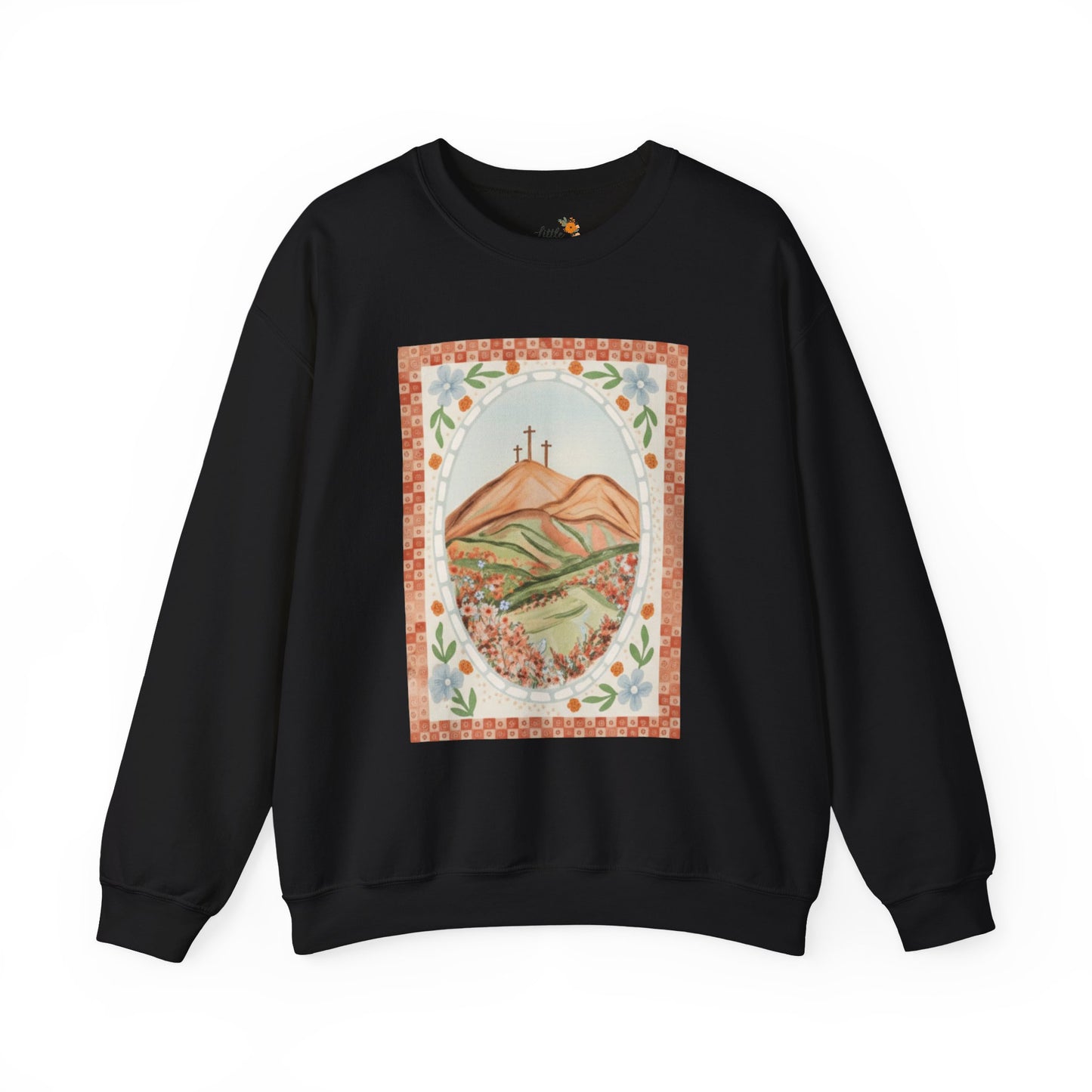 Easter Landscape Faith Sweatshirt (Front Only) • Christian Mountain Cross Crewneck • Floral Resurrection Scene Graphic