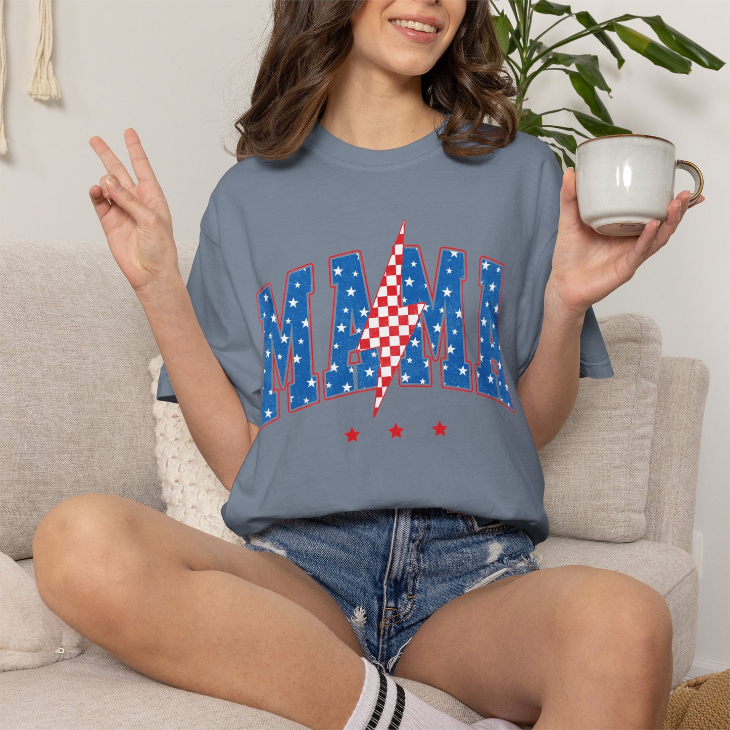 Patriotic MAMA Shirt • Lightning Bolt Mama Tee • Red White Blue Americana Graphic