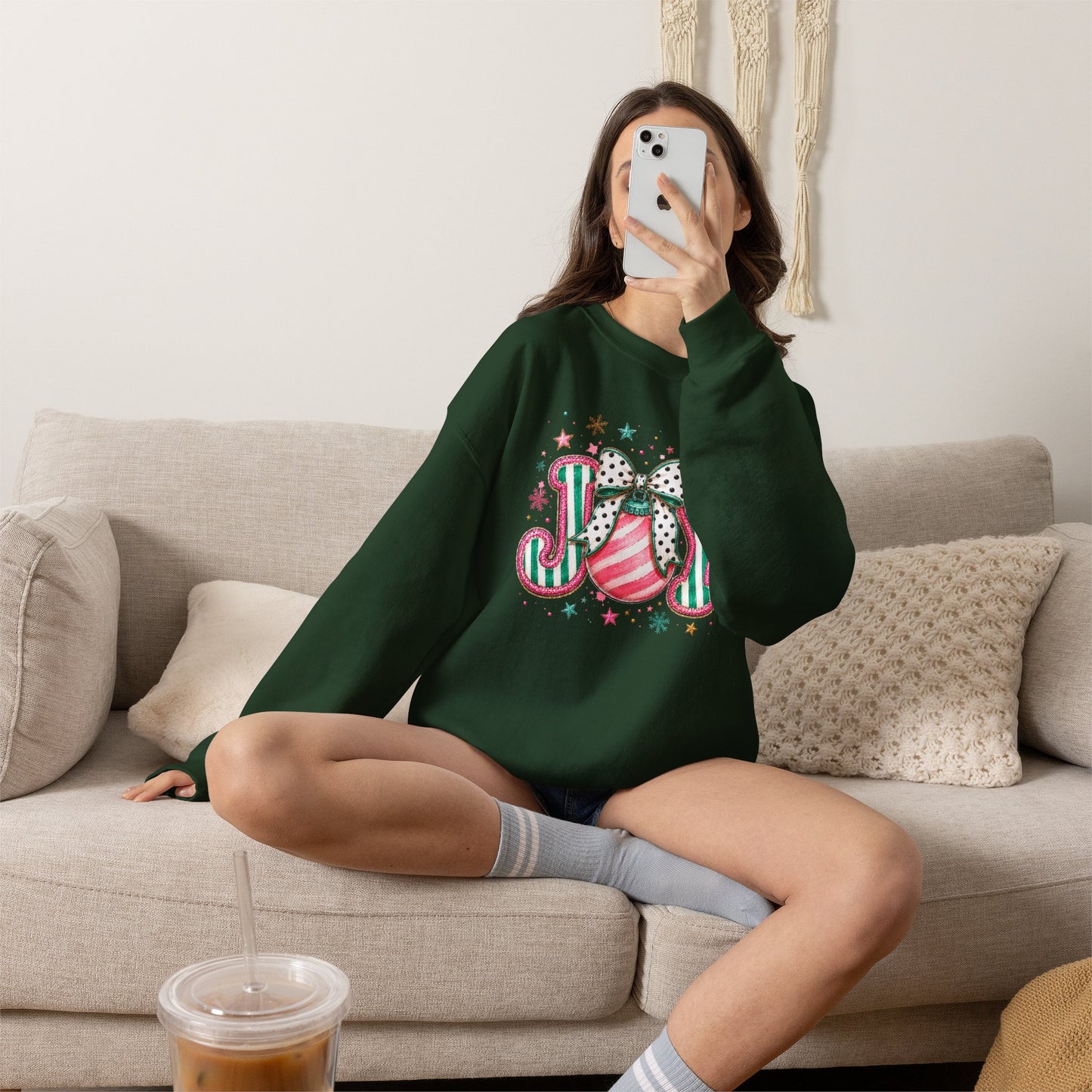 Joy Ornament Crewneck Sweatshirt – Pink & Green Holiday Joy Graphic