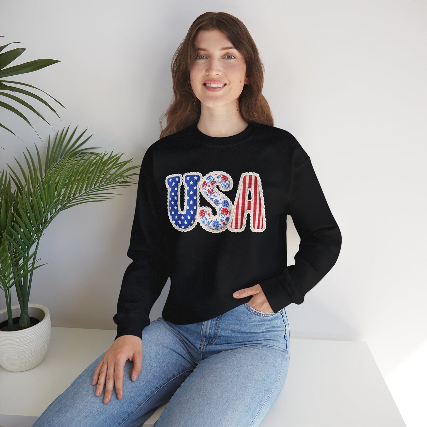 Floral Patchwork USA Crewneck • Preppy Patriotic Sweatshirt • Vintage Americana Gingham Sweatshirt • Cozy Summer Mom Outfit